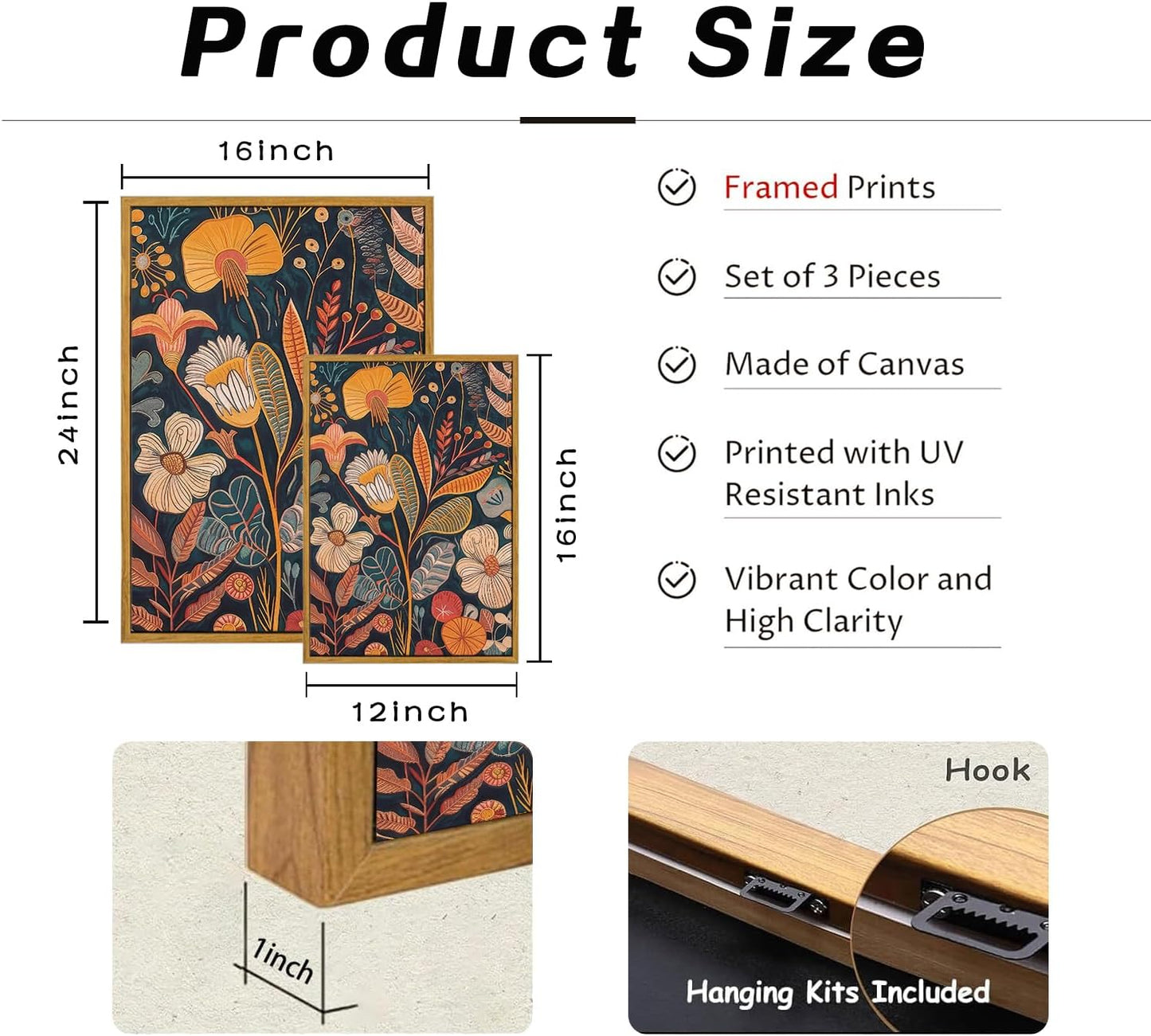TBKHUDBI Framed Burnt Orange Floral Canvas Wall Art,Mid Century Modern Wall Decor,Boho Terracotta Flower Picture Prints Poster Painting Artwork Set Of 3 For Living Room Bedroom Office 16"x24"