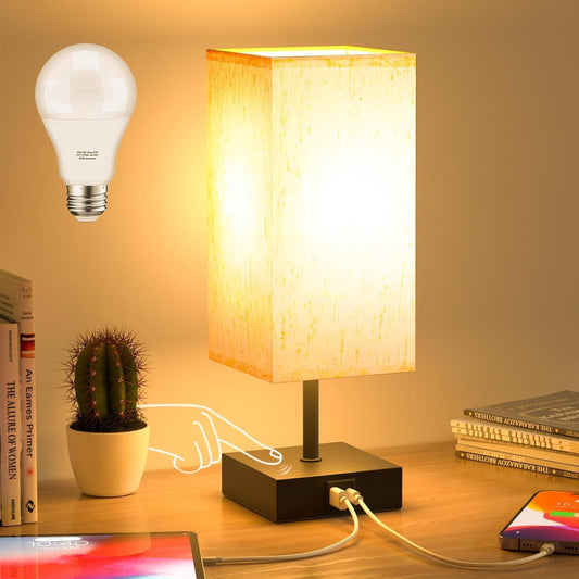 comzler Bedside Lamp, Touch Control Table Lamp for Bedroom, Small Nightstand Lamp with 3 Way Dimmable, USB-C + A Ports for Bedroom, Home Decor, Living Room, LED Bulbs Included, Upgraded Fabric Shade