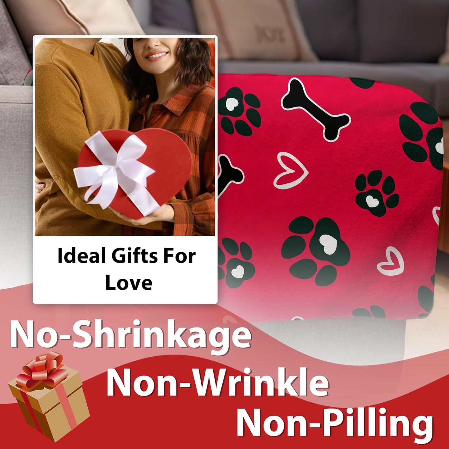Valentines Red Flannel Blanket, Dog Paw Prints Bone Love Heart Throw Blanket Gifts for Women Girls Wife, Soft Blanket for Anniversary Wedding Bedding Sofa 50 x 60 Inch