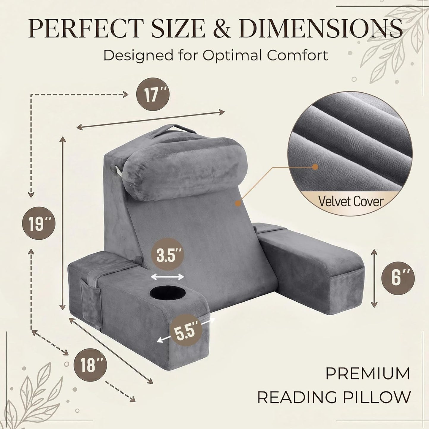 AS AWESLING 19 INCH Reading Pillow for Adults, Back Pillow for Bed Sitting Up, Backrest Pillow for Sitting in Bed, Detachable Arms with Built-in Cup & Phone Caddy (Gray, 19 INCH)