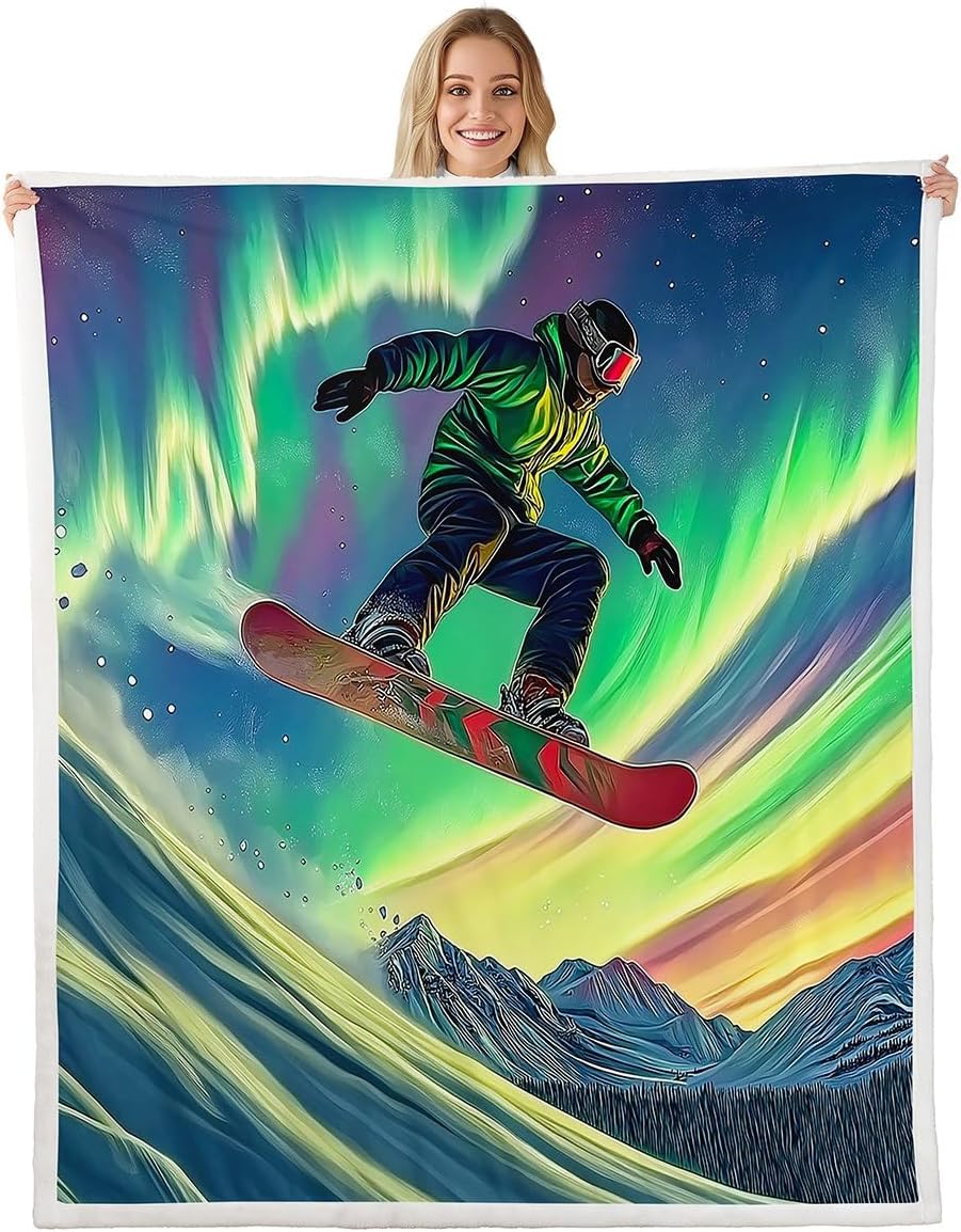 Erosebridal Aurora Skiing Blanket Throw 60"x80",Winter Ski Themed Blankets and Throws for Kids Adults,Snowboard Skier Fleece Blanket Snow Mountain Scene Sherpa Blanket for Living Room Home Decor