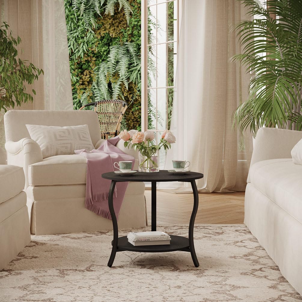 Small Round Coffee Table with Open Storage,23" 2-Tier Coffee Side Tables for Small Space, Accent Center Table Circle Sofa End Table with Wooden Table Top for Living Room Bedroom Apartment,Black