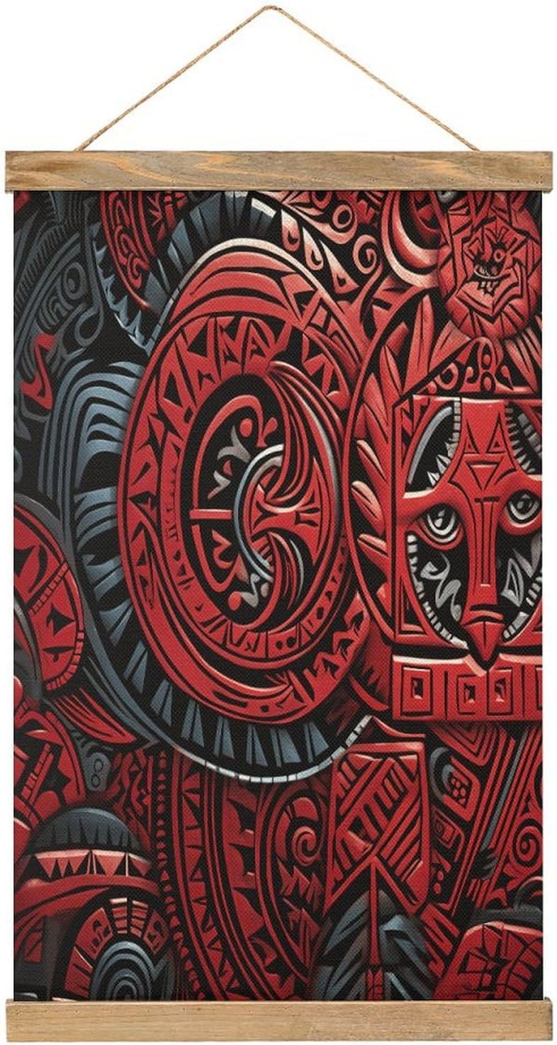 Vintage Red Tribal Pattern Poster with Wooden Frame Personalized Linen Hanging Scroll Painting Rustic Wall Hanging Illustrative Modern Artwork Decor for Home Living Room Bedroom Office