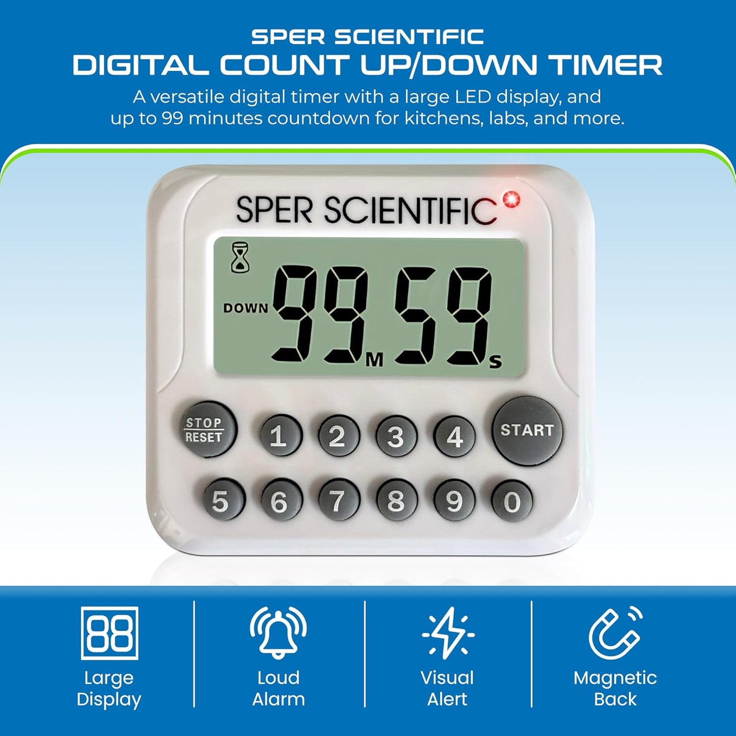Sper Scientific Digital Count Up/Down Timer with Audible & Visual Alarm 810003 – Timer with Large Display & Loud Alarm with Up to 99 Minute Countdown - for Labs, Cooking, Workouts, Classroom & More