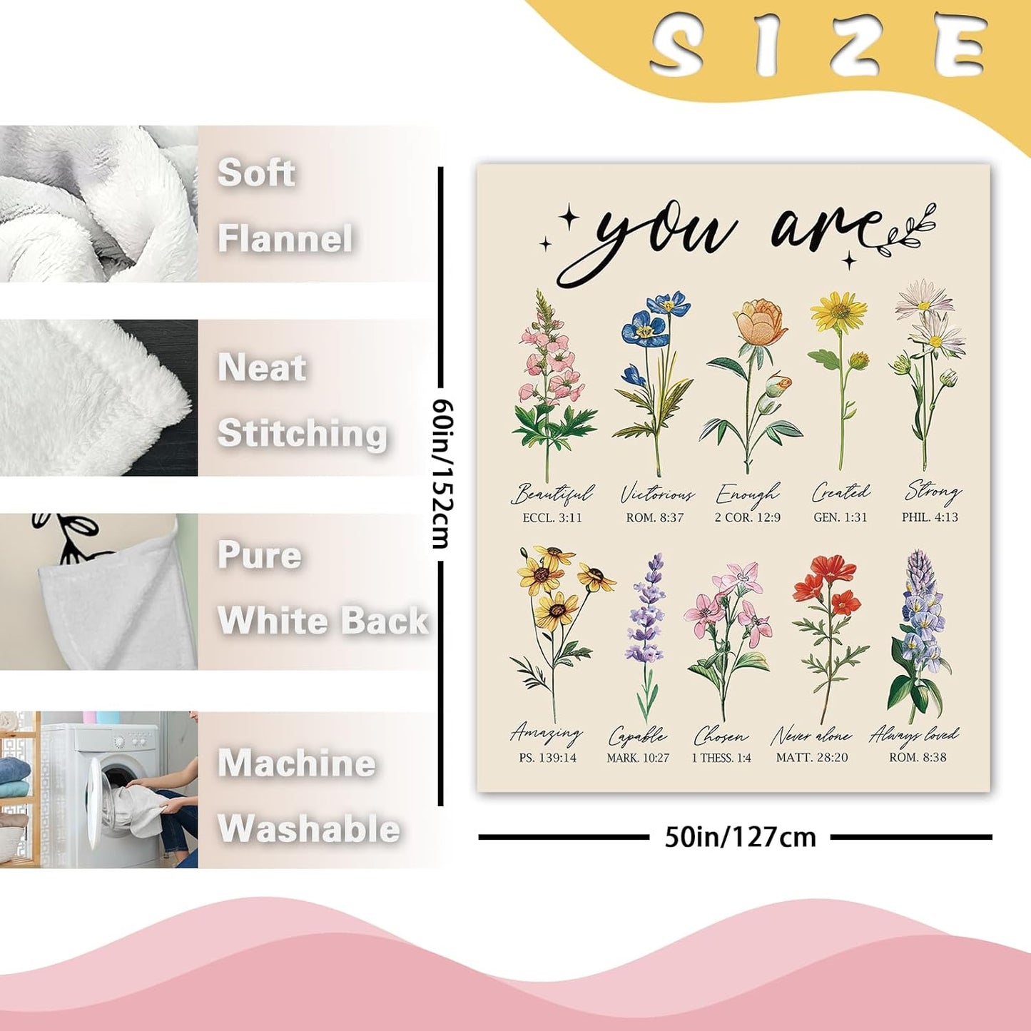 Christian Floral Gifts for Women Flannel Throw Blanket, Religious Inspirational Flower Birthday Ideas, Wildflower Bible Verse Soft Blankets Present for Girls Friends Mom 50"x60"