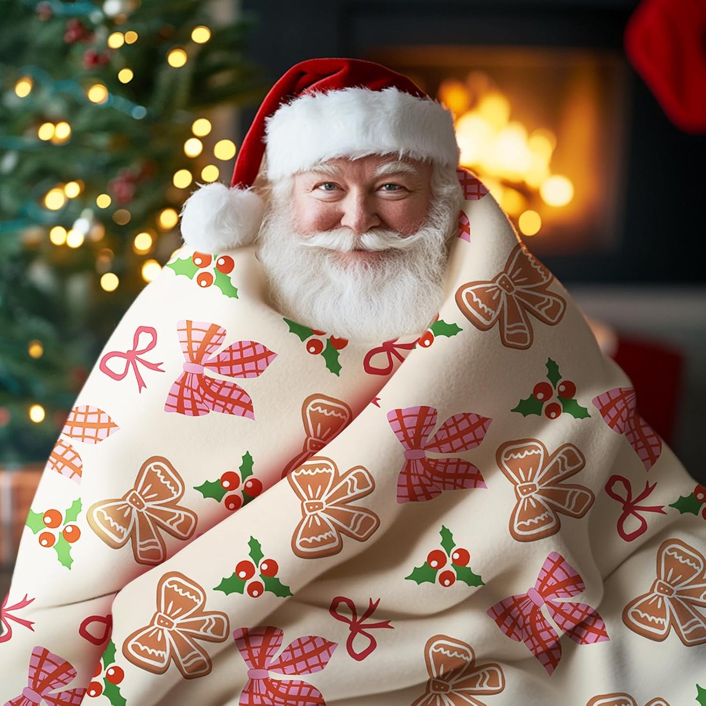 Pink Christmas Bow Flannel Throw Blanket, Xmas Coquette Ribbon Holly Berries Preppy Birthday Gifts for Kids Men Women, Winter Holiday Soft Blankets for Bedding Sofa 50 x 60 Inches