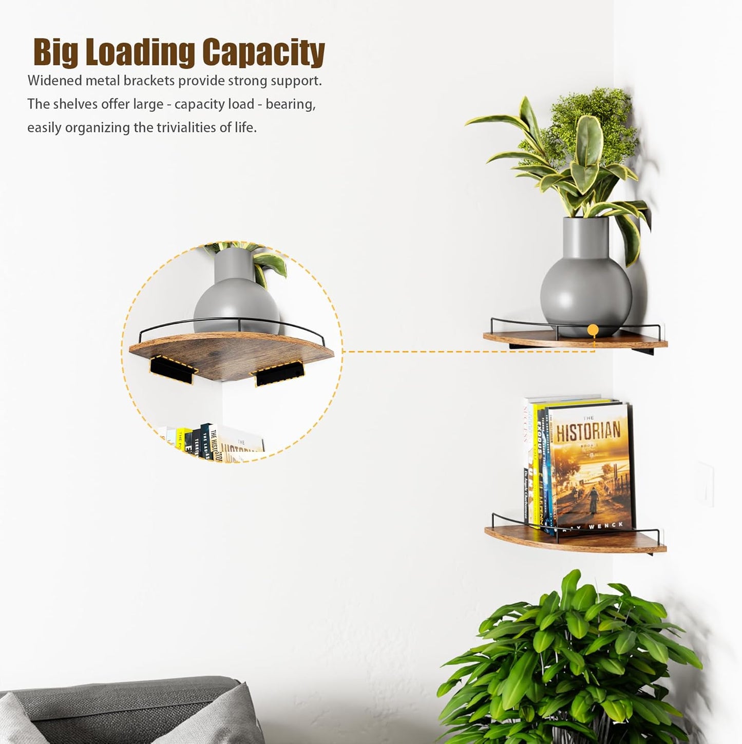 Corner Floating Shelves, Rustic Brown Wood, Set of 2, Wall Mount Storage with Guardrail for Bathroom Kitchen Living Room