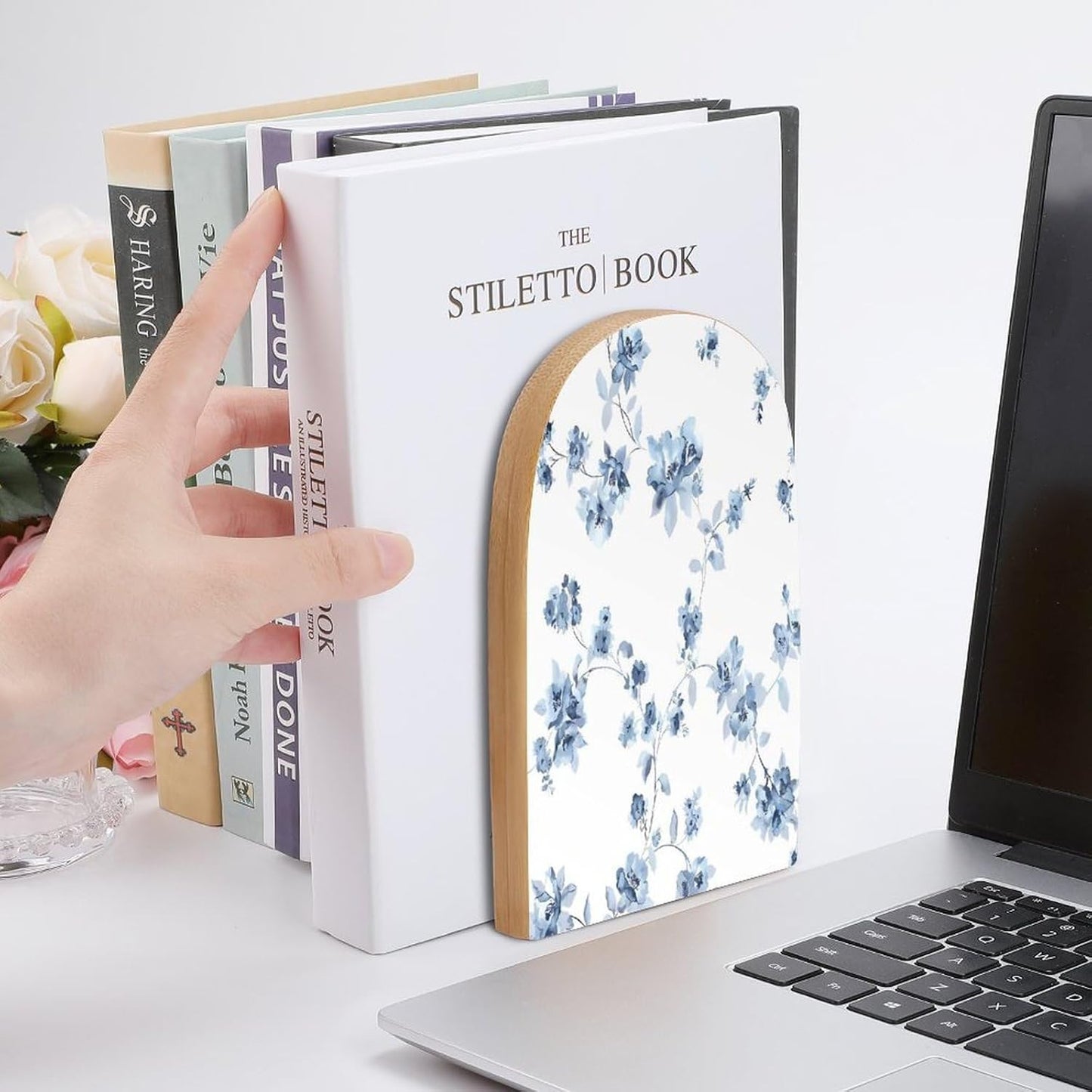 Blue Flower Floral Pattern Roses Wooden Bookend Non-Slip Book Ends Heavy Duty Book Stopper with Metal Base Books Holderd Decorative Bookends Stands Firmly for Office Supplies