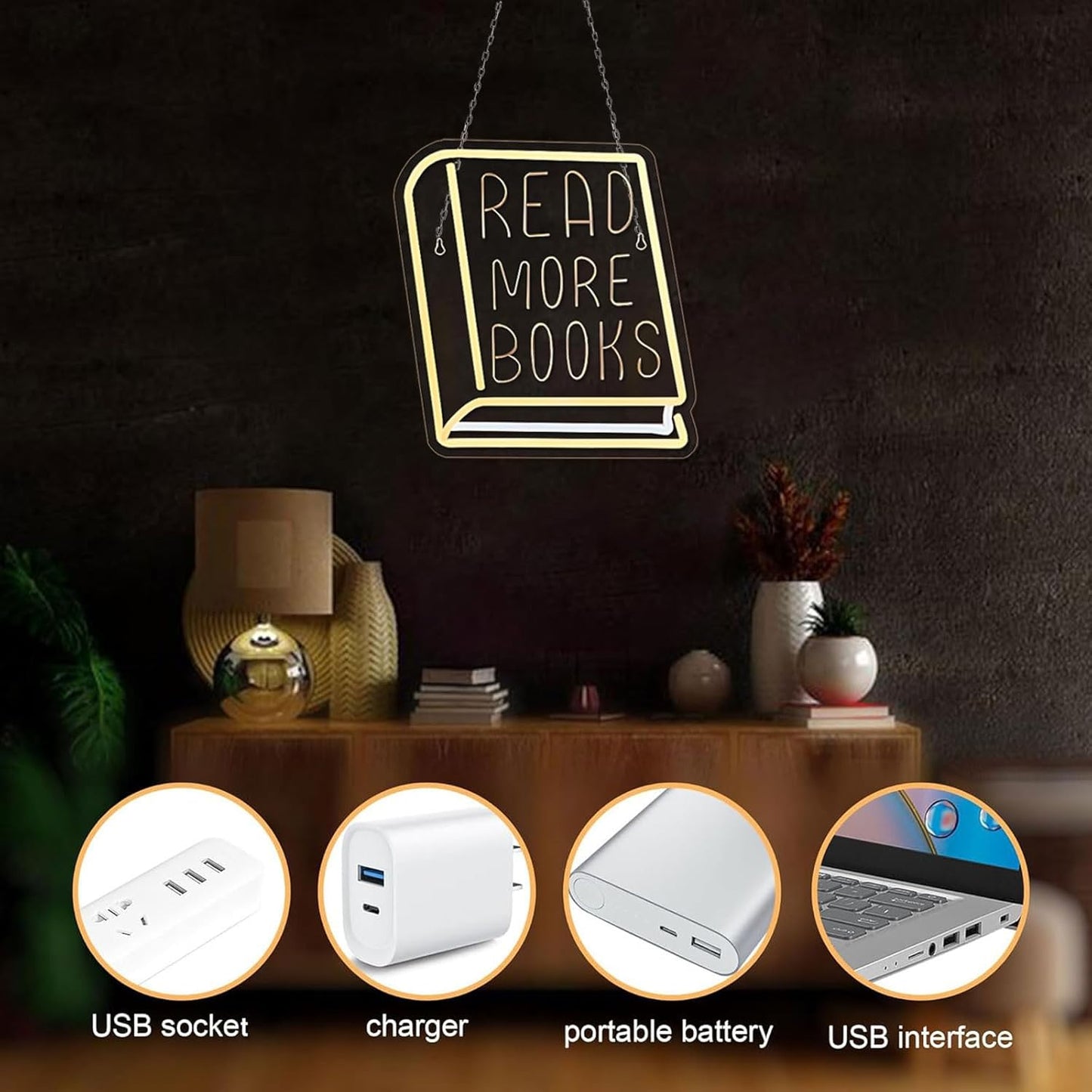Read More Books Neon Sign,Dimmable Inspirational Read LED Lights Up Signs for Classroom Library Bedroom Office Dorm Wall Decor Desk Decorations(11.8"×10.6") (Yellow-Read More Book)
