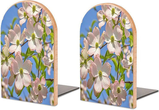 Spring Dogwood Blossoms Bookends 1 Pair Heavy Duty Book Ends for Shelves Non-Skid Bookend Supports Wooden Book Holders with Metal Base Desk Organizers Books Storage to Hold Books