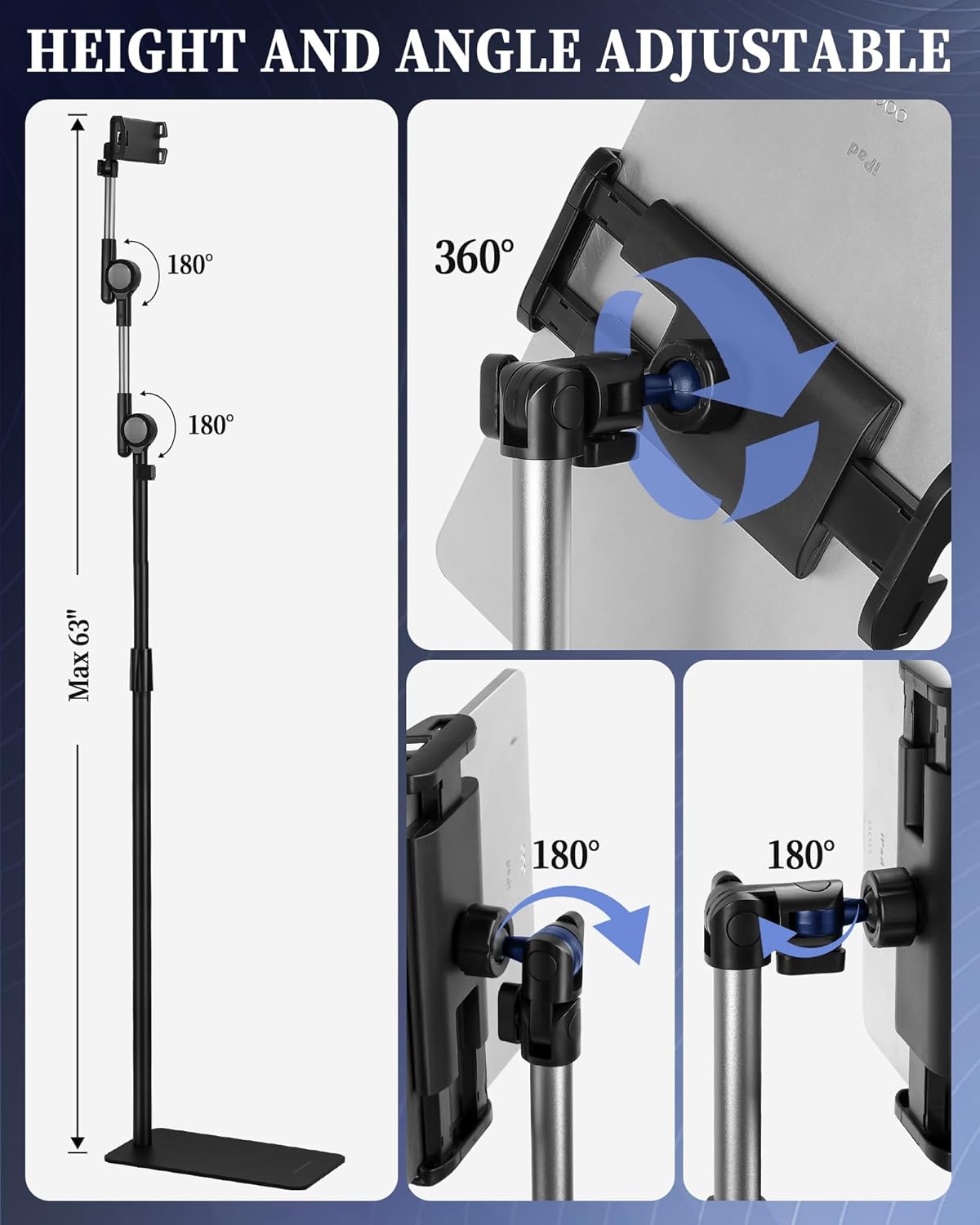 SHUWEI Tablet Floor Stand with Double Self-Locking Gears, 63”Height Adjustable iPad Floor Stand with 7.5lb Stable Base, Fits with 4.7-15.6'' iPad, Phone, Monitor (White)
