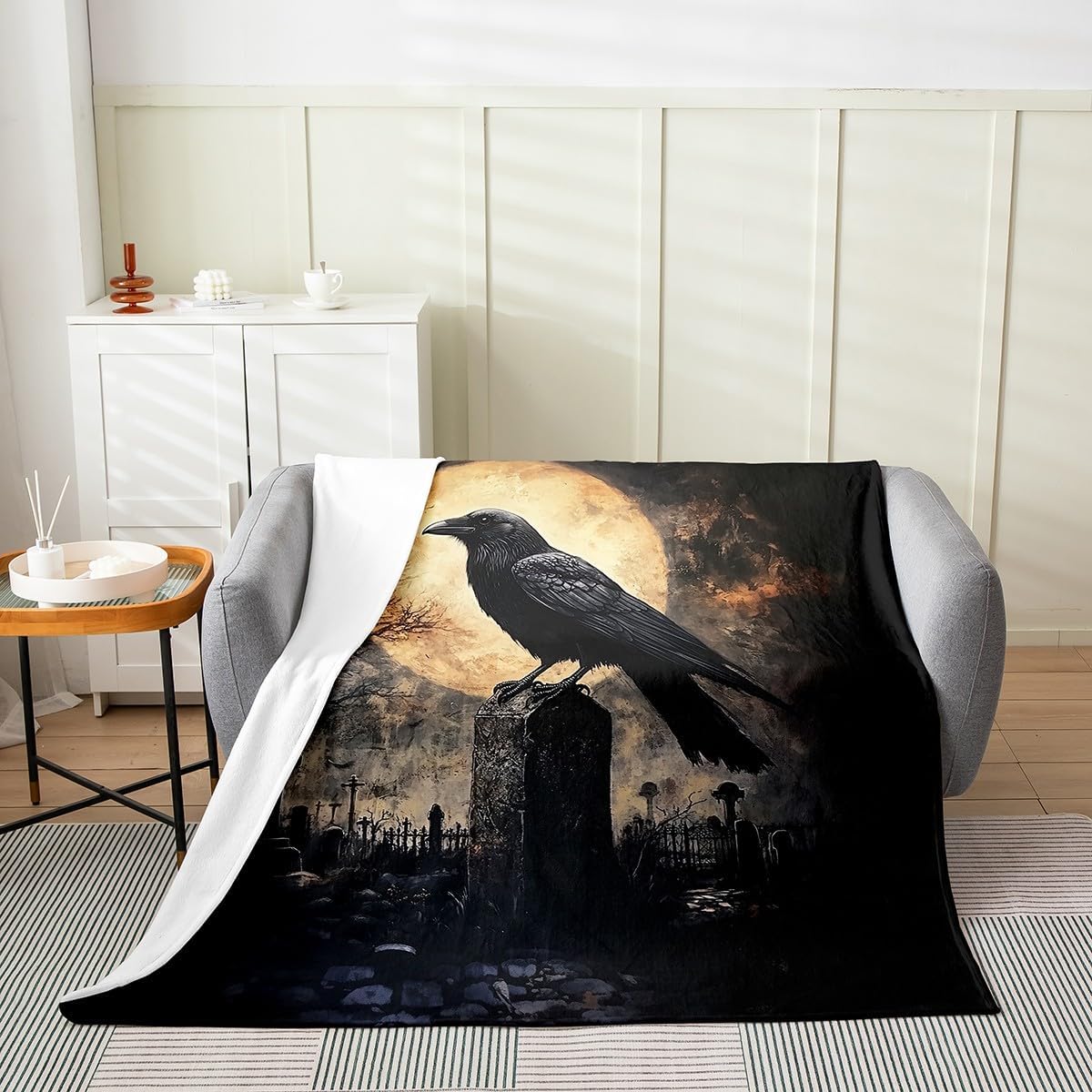 Erosebridal Halloween Crow Blanket Queen 90x90, Creepy Graveyard Luxury Soft Sherpa Blanket, Full Moon Gothic Soft Microfiber Fleece Blanket, Smoke Dark Night Fuzzy BlanketFor Home Room Decor