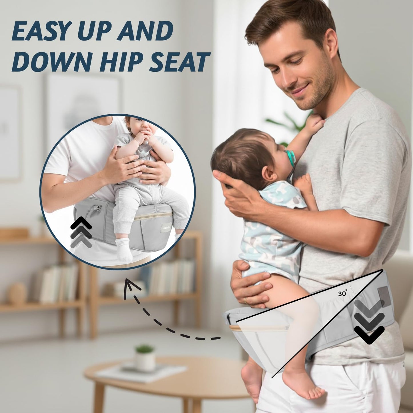Baby Hip Carrier with Detachable Hip Seat and Head Support, 6 in 1 Toddler Carrier M-Shape Ergonomic Baby Carrier Newborn to Toddler, Adjustable Shoulder Straps, Bottle Holder & Storage Pocket - Grey