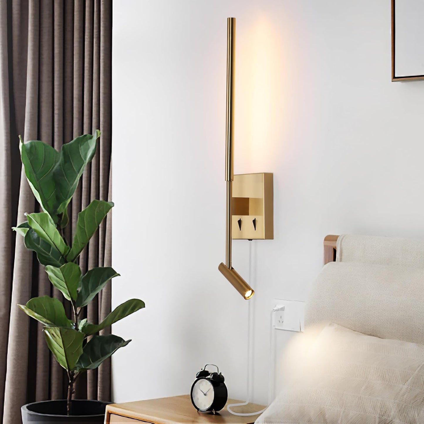 Modern Plug in Wall Sconce Indoor Ambient Lighting for Bedroom, Gold LED Wall Mounted Reading Lamp with Switch, Corded Minimalist Linear Wall Light with 5.9FT Clear Cord for Living Room Corner Hallway