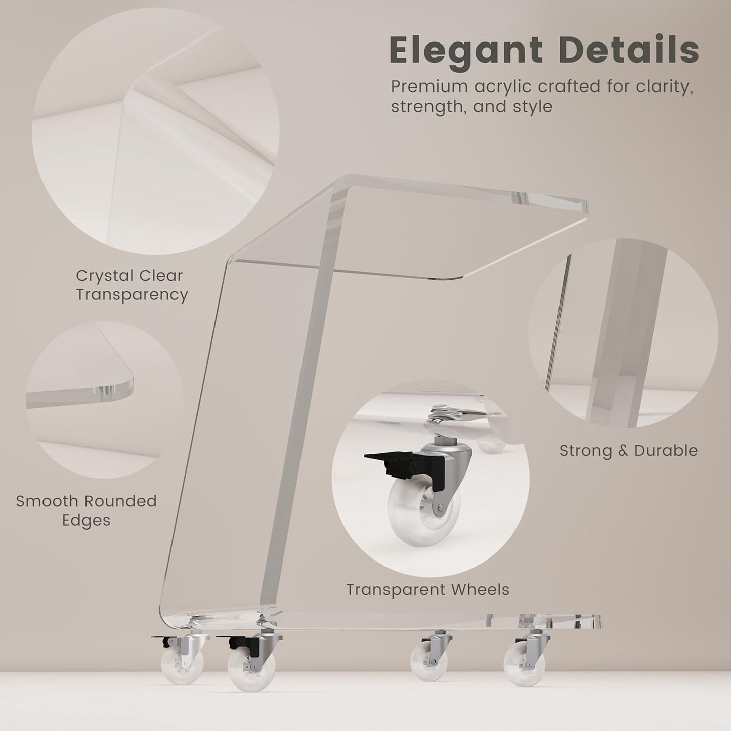 2-Pack C Shaped Side Table for Sofa, Heavy Clear Acrylic Mobile End Table on Wheels, Modern Rolling Snack & Drink for Living Room & Bedroom, Space-Efficient Design with Sturdy Construction, 15mm Thick