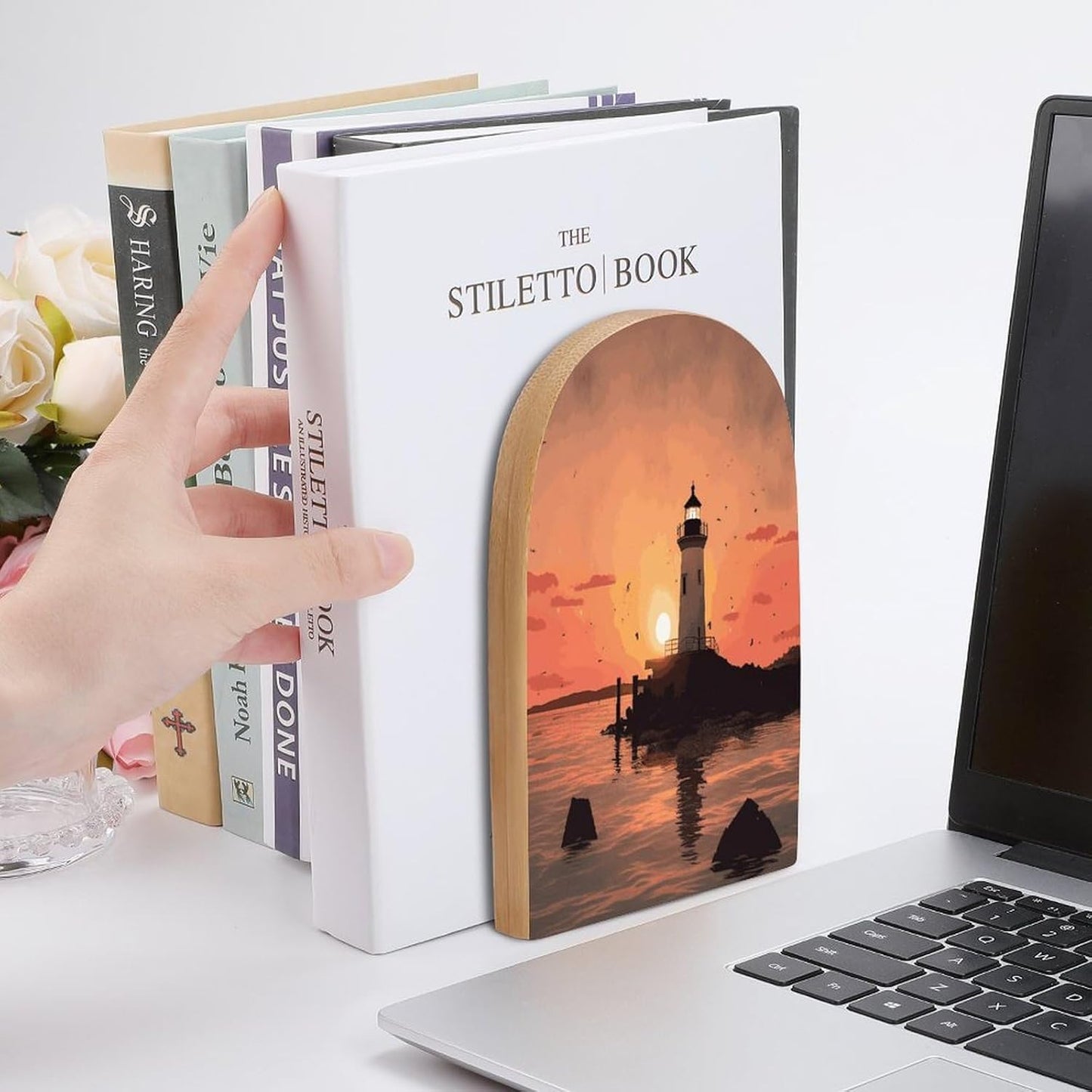 Lighthouse Sunrise Bookend for Shelves Wooden Book End Large Size Sturdy Book Holders Stoppers with Metal Base for Bookshelves Slick Decorative Bookends Stands
