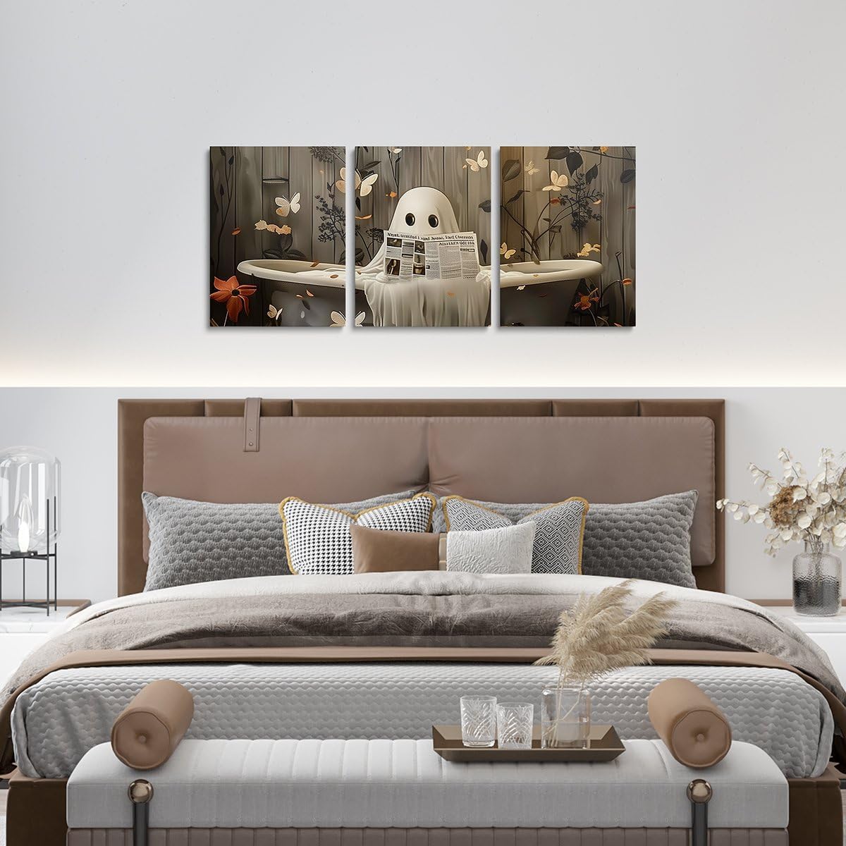 Erosebridal Funny Halloween Ghost 3 Piece Canvas Wall Art Botanical Leaves Butterfly Paintings Wall Decor 16" L x 12" W Each, Reading Newspaper Fancy Humor Ghost Vintage Gothic Office Artwork Posters
