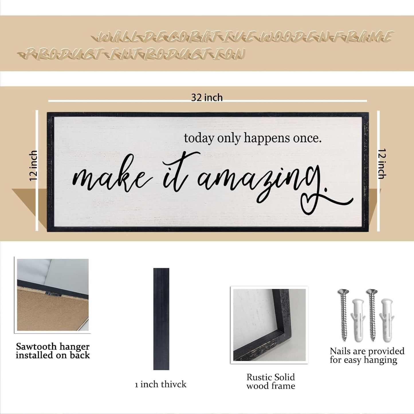 comurdyo Today Only Happens Once Make It Amazing Wall Art Decor 32x12 Inch Inspirational Motivational Quote Wall Sign (Black)