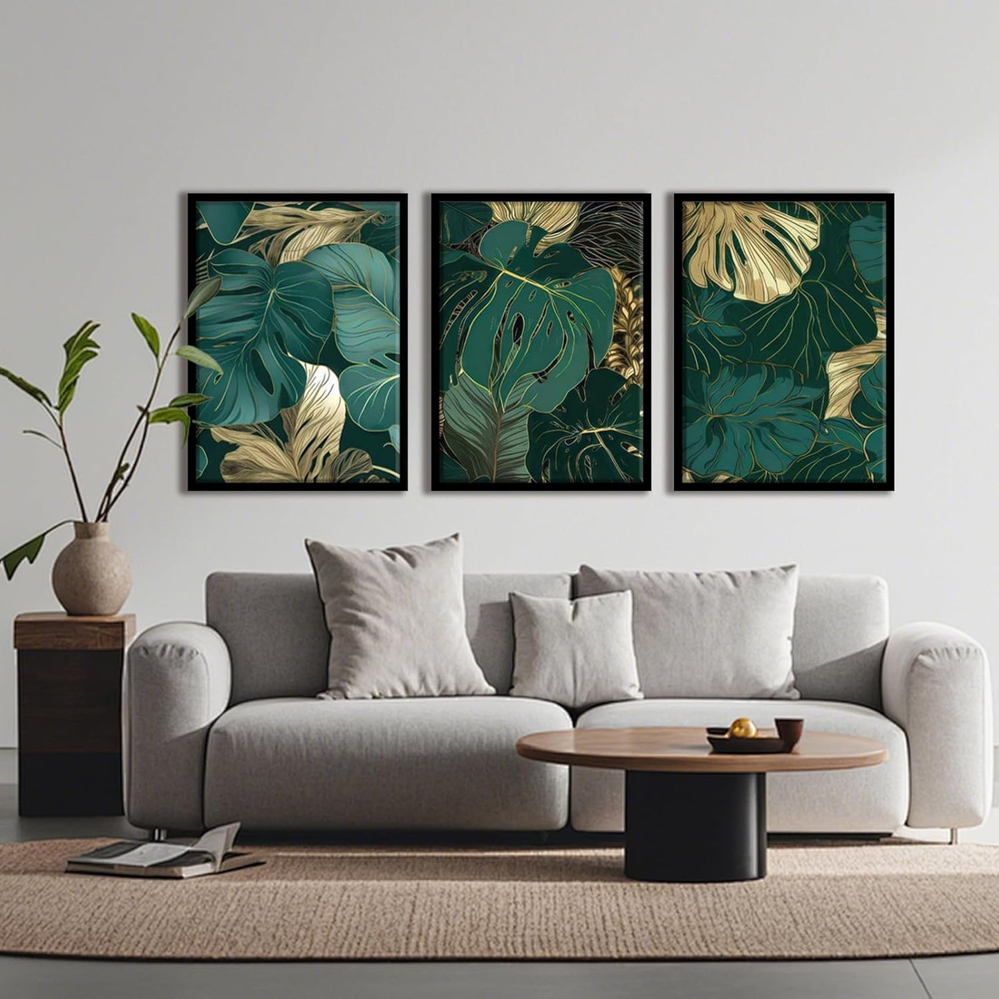 Framed Gold Green Wall Art Set of 3 Tropical Botanical Picture Emerald green Leaf Painting Prints Wall Decor with Black Frame Modern Plant Poster for Living Room Bedroom Bathroom Office 16x24Inch