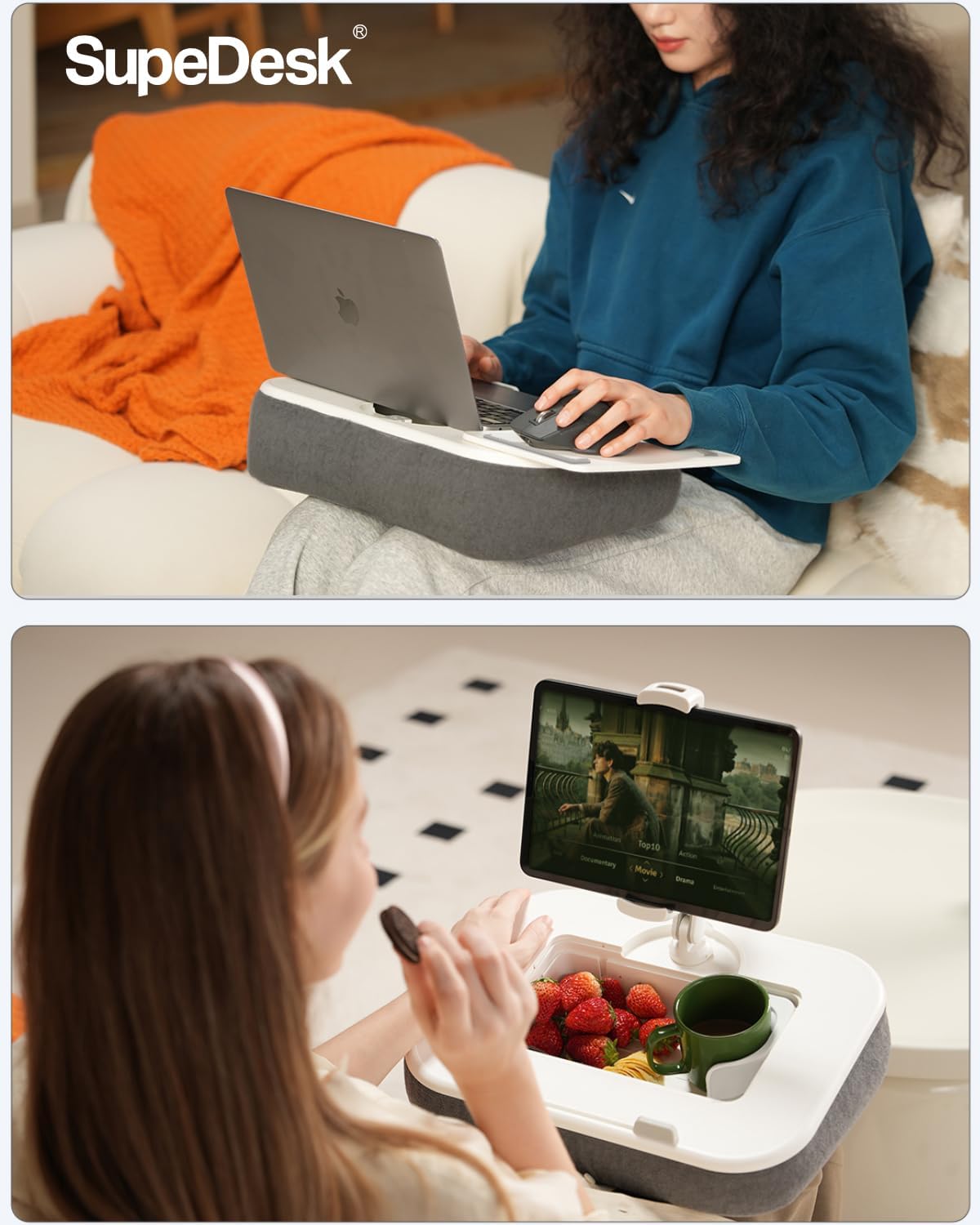Kindle Pillow Stand with Lap Desk, Adjustable iPad Holder for Bed, 360° Swivel Tablet Arm, Laptop Desk with Mouse Pad, Snack Bowl & Cup Holder, Fits 4.7–13” Tablets & 15” Laptop