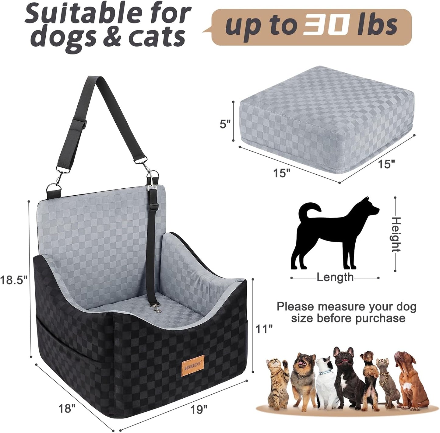 JOEJOY Elevated Dog Car Seat for Small/Medium Dogs up to 35 lbs, Memory Foam Booster Seat with Detachable Washable Cover, Travel-Safe Car Bed with Safety Belts & Storage Pockets, Grey