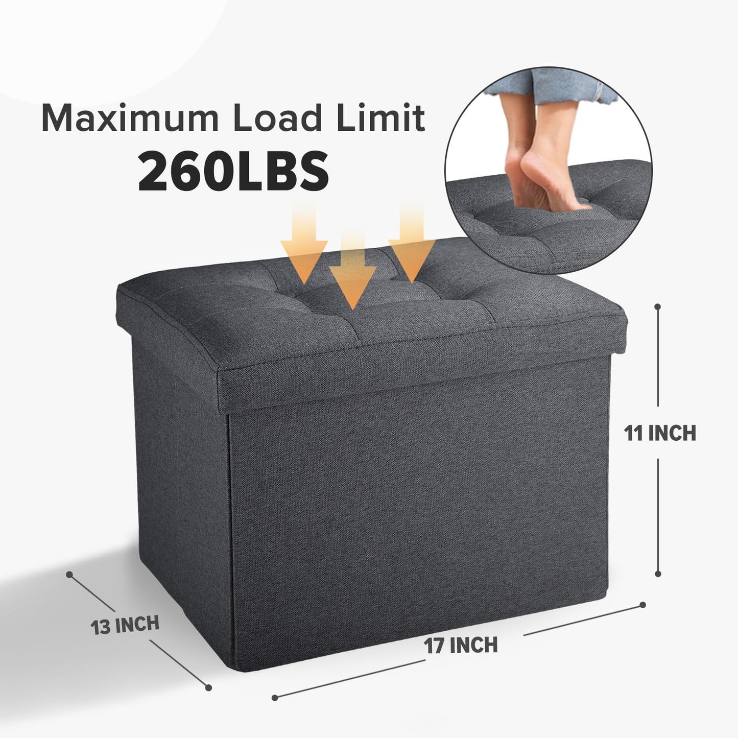 LINMAGCO Small Storage Ottoman Stool Foot Rest Stool Under Desk Stool Short Folding Ottoman Linen Cloth Dark Gray 17X13X13IN