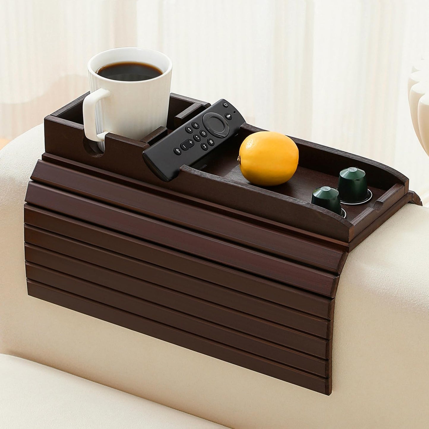 Bamboo Couch Cup Holder Arm Tray Table，Foldable Couch Drink Holder Armrest Table，Sofa Arm Rest Tray，Flexible Arm Chair Table Recliners for Drink,Cups, Snacks, Phone, Remote (Mahogany)