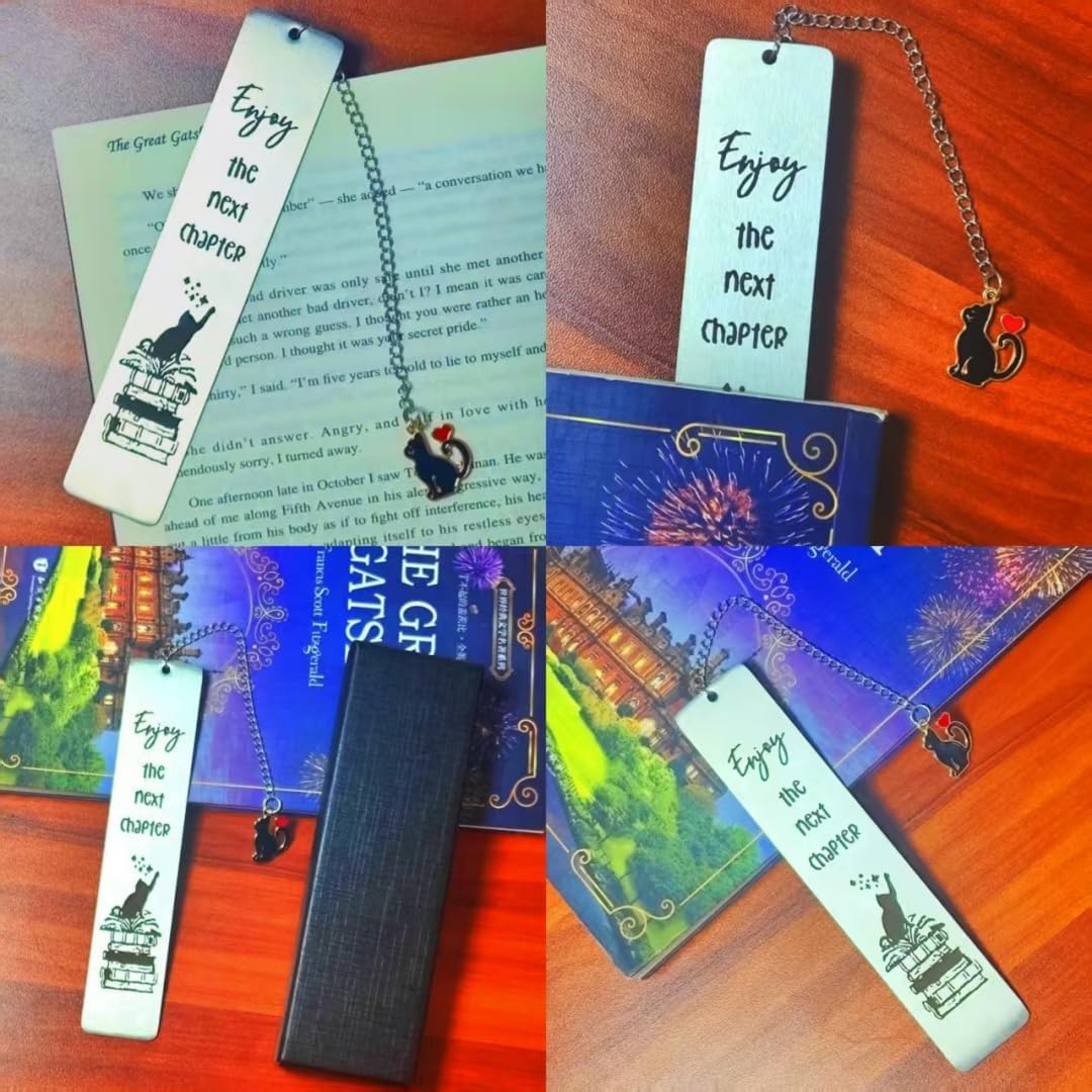 Cat Metal Bookmark, Engraved 'Enjoy The Next Chapter', Stainless Steel, 5.1 x 1.02 Inches