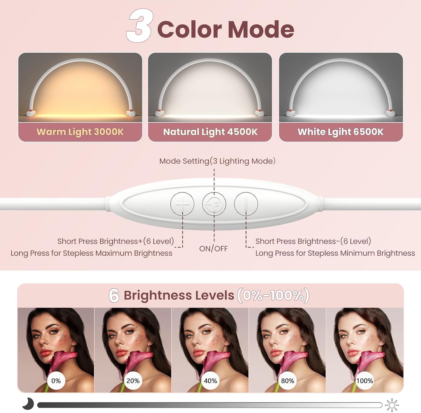 Yokilly Arc Half Moon Light: 20" Half Moon Light with Foldable Bracket for Desk Salon Table Use - No Flicker & Shadow-Free Desk Lamp with Stepless Brightness 3000-6500K for Manicurist Nail Tech
