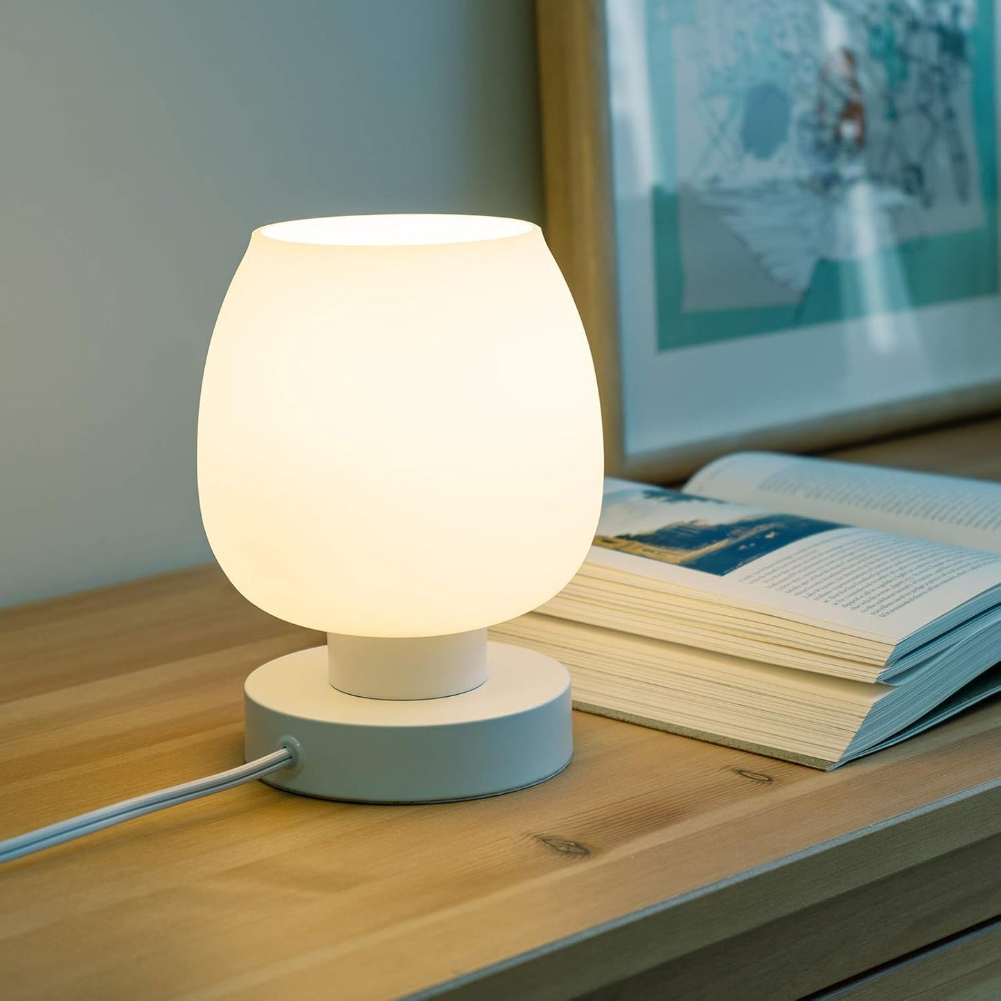 ONEWISH Small Bedside Lamp for Bedroom, 3-Way Dimmable Touch Control, 600 Lumen Bright Opal Glass Shade, 7.5 Inch Ultra Compact Nightstand Lamp, Warm White 2700K LED Bulb Included, Modern Design