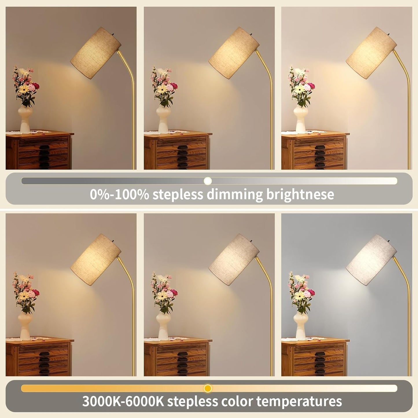 Gold Floor Lamp for Living Room with Remote,Remote Custom Color Temperature & Brightness, Stepless Dimmable Bulb Included,Tall Stand Reading Lamp for Living Room Bedroom Office(Beige/Gold)