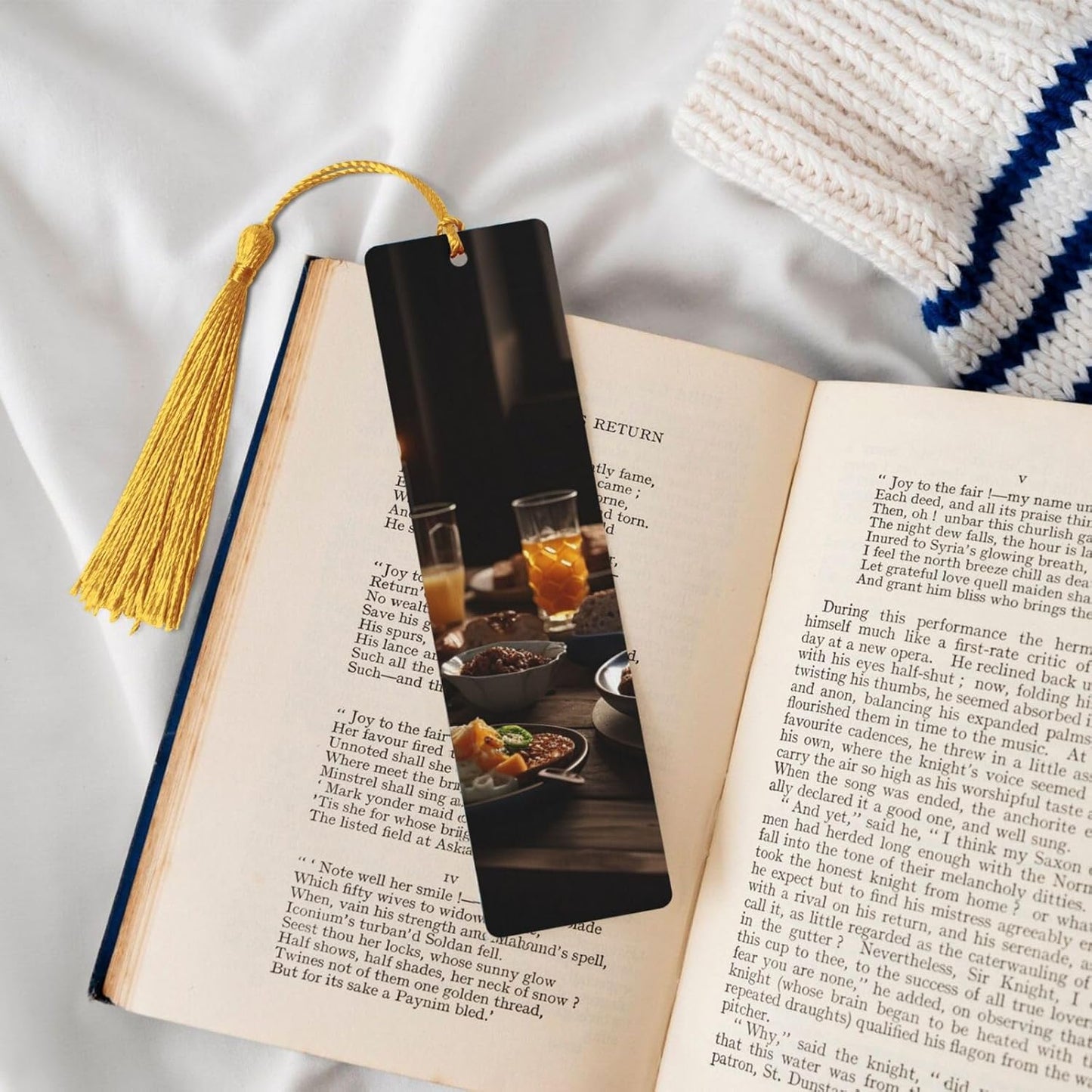 Plate Full of Food on Table Bookmarks Gifts for Women Men, Wooden Bookmarks for Book Lovers, Vintage Book Marks Ornaments with Tassel, Unique Personalized Reading Page Markers Gold