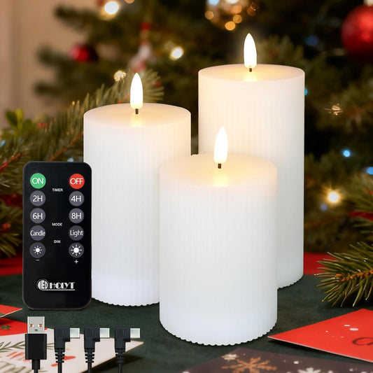 Rechargeable Flameless LED Pillar Candles–Luminous Real Wax Indoor Home Decor–Set of 3, Realistic Flickering LED Flame,Remote & Timer, USB-Rechargeable（White）