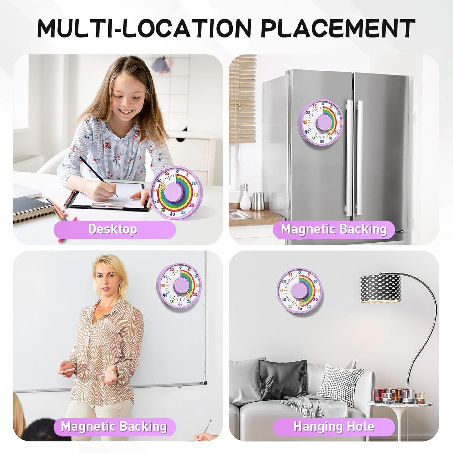 Secura 60-Minute Rainbow Visual Timer 6-Inch Mechanical Countdown Timers for Teaching, Meeting, Cooking, Working - Timer for Kids with Magnetic Backing (Purple)