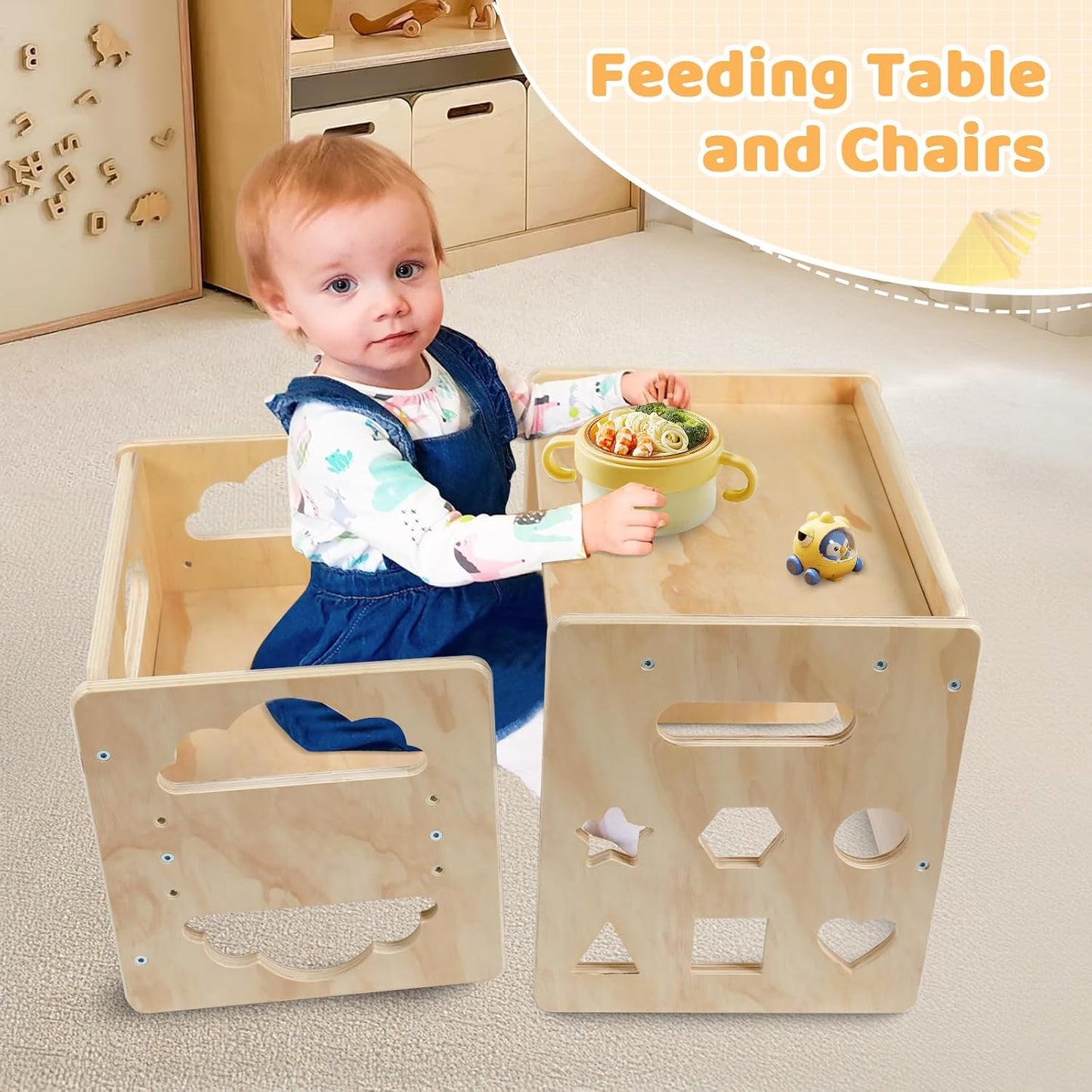 Satisure Montessori Weaning Table and Chair Set, Wooden Toddler Table and Chair Set, 1-3 Age Kids Table and Chairs with Blackboard & 3 Heights Adjustable for Eating & Drawing & Reading