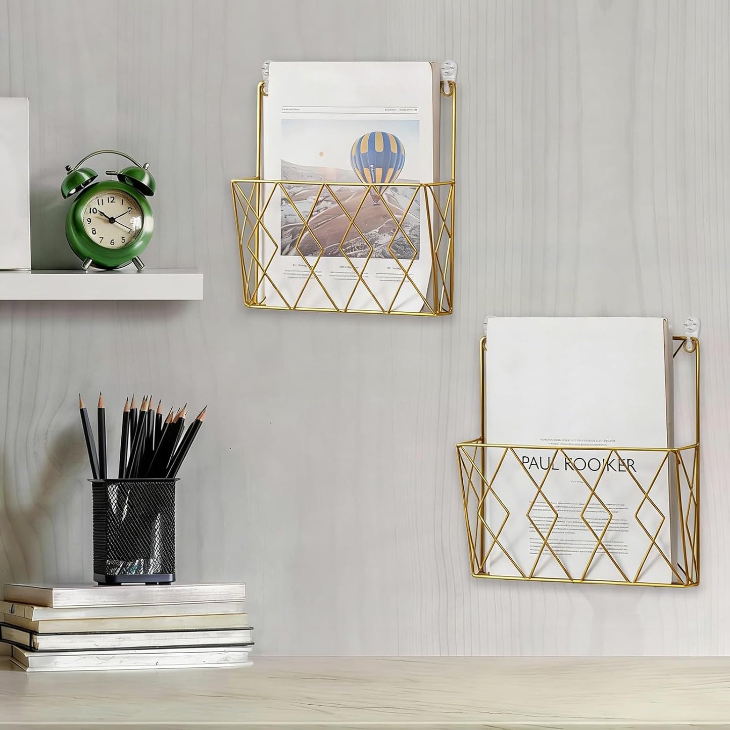 Milisten Wall Mounted Magazine Holder Rack, Gold Iron Book Display Stand Organizer for Newspapers, Comics, and Bathroom Storage, Space-saving Literature Shelf for Home and Office