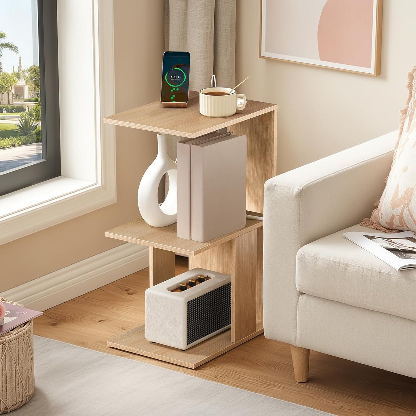 Modern End Table with Charging Station, Narrow Side Table for Small Spaces with 2 Open Storage Shelf, Narrow Nightstand with Light, Thin Bedside Table for Living Room, Natural ETNA18E01
