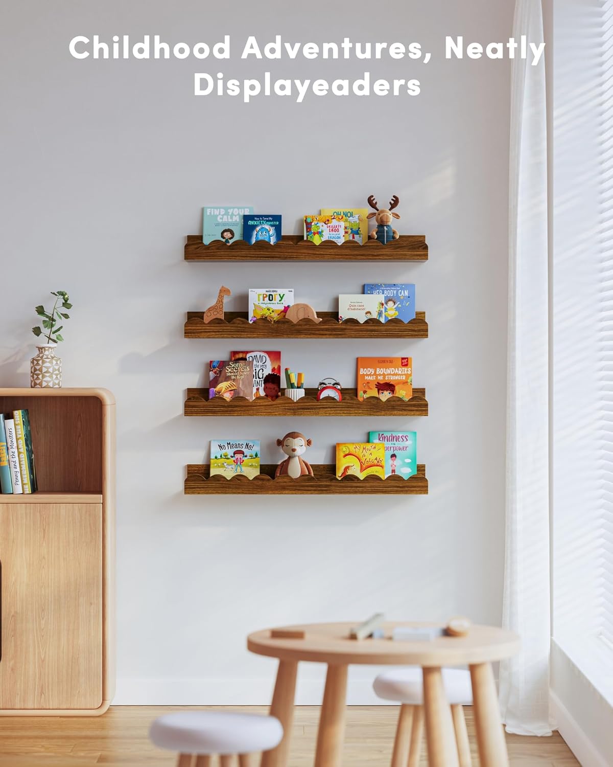 Scalloped Wall Bookshelves for Nursery, Floating Wooden Book Shelves for Kids Room, White Nursery Shelves for Wall, Baby & Toddler Room Decor