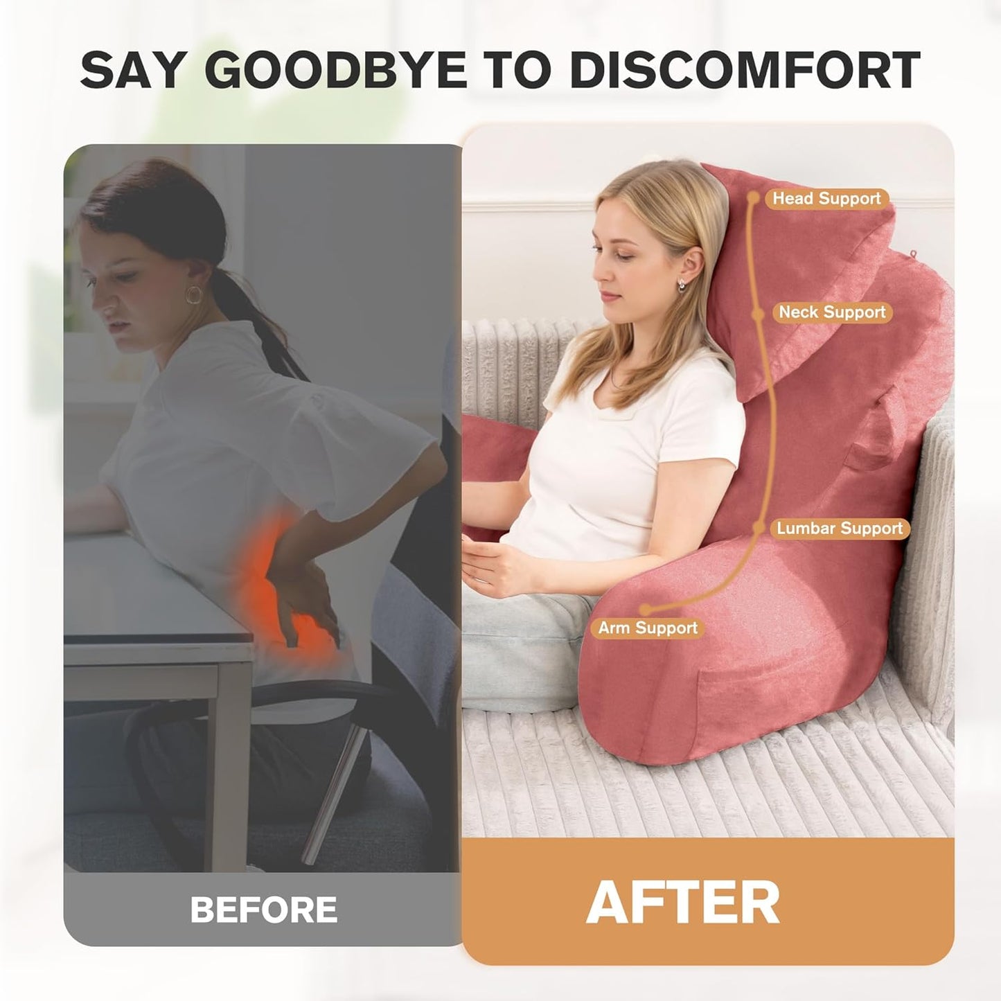 Portable Reading Pillows with Headrest for Bed Sitting Up(Dark Pink Oeko-Tex), Velvet Back Pillow with Arms & Pockets for Adults, Support Memory Foam Bed Pillow for Dorm/Watching/Gaming