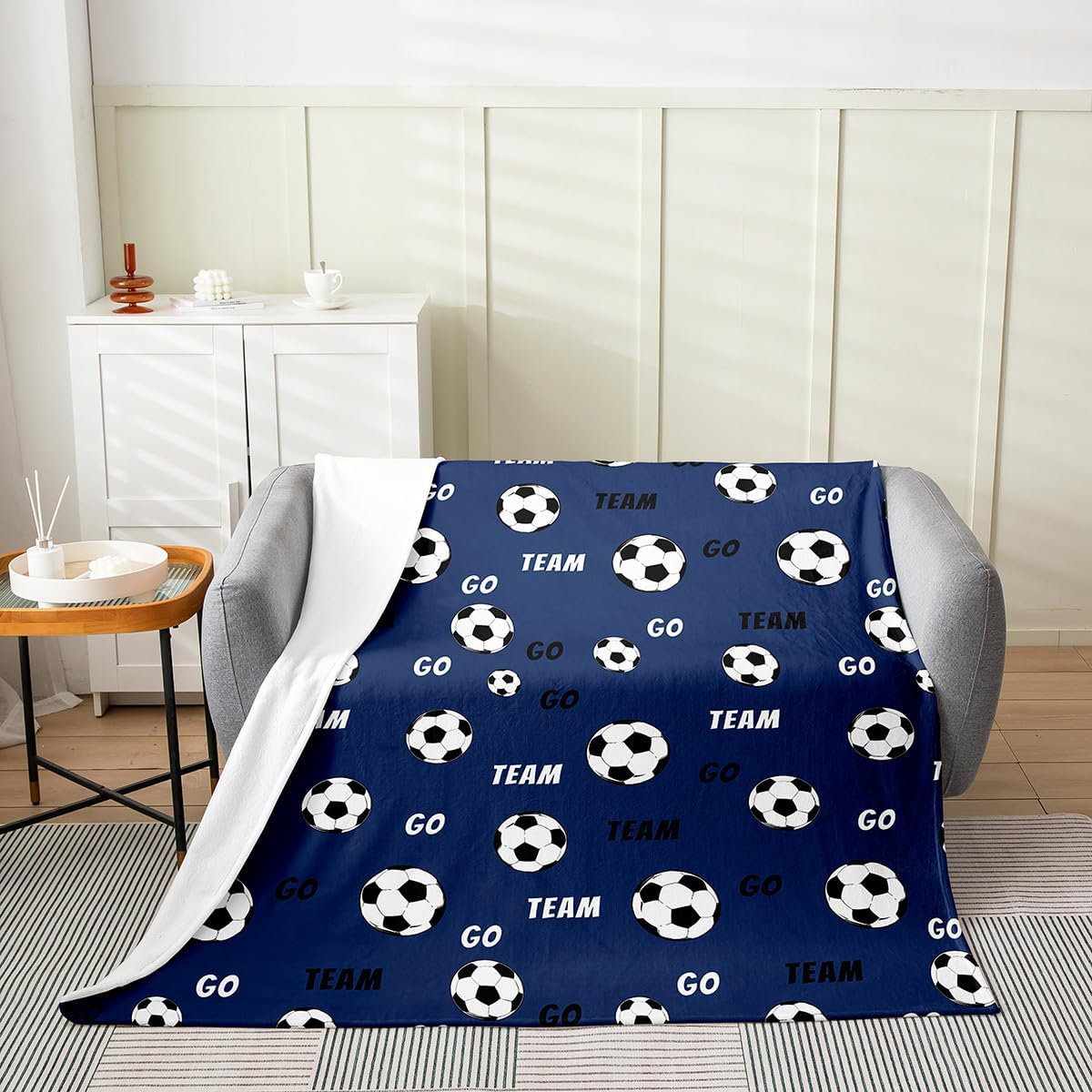 Feelyou Soccer Flannel Fleece Throw Blanket Throw 50"x60" Football Fuzzy Blanket Boys Girls Soccer Ball Pattern Navy Blue Plush Blanket Sports Theme All Season Bed Blanket