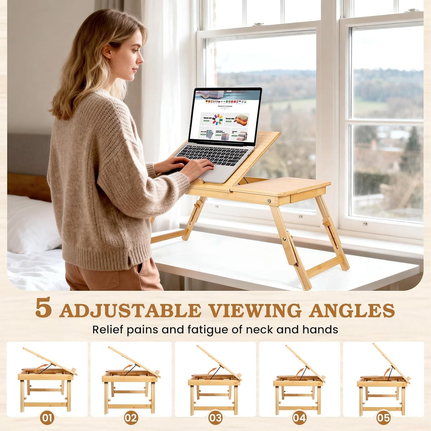 Bamboo Laptop Lap Desk with Vent, Folding Lap Tray Table with Adjustable Height, Tilting Top and Drawer, Portable for Bed Couch Working Reading Writing