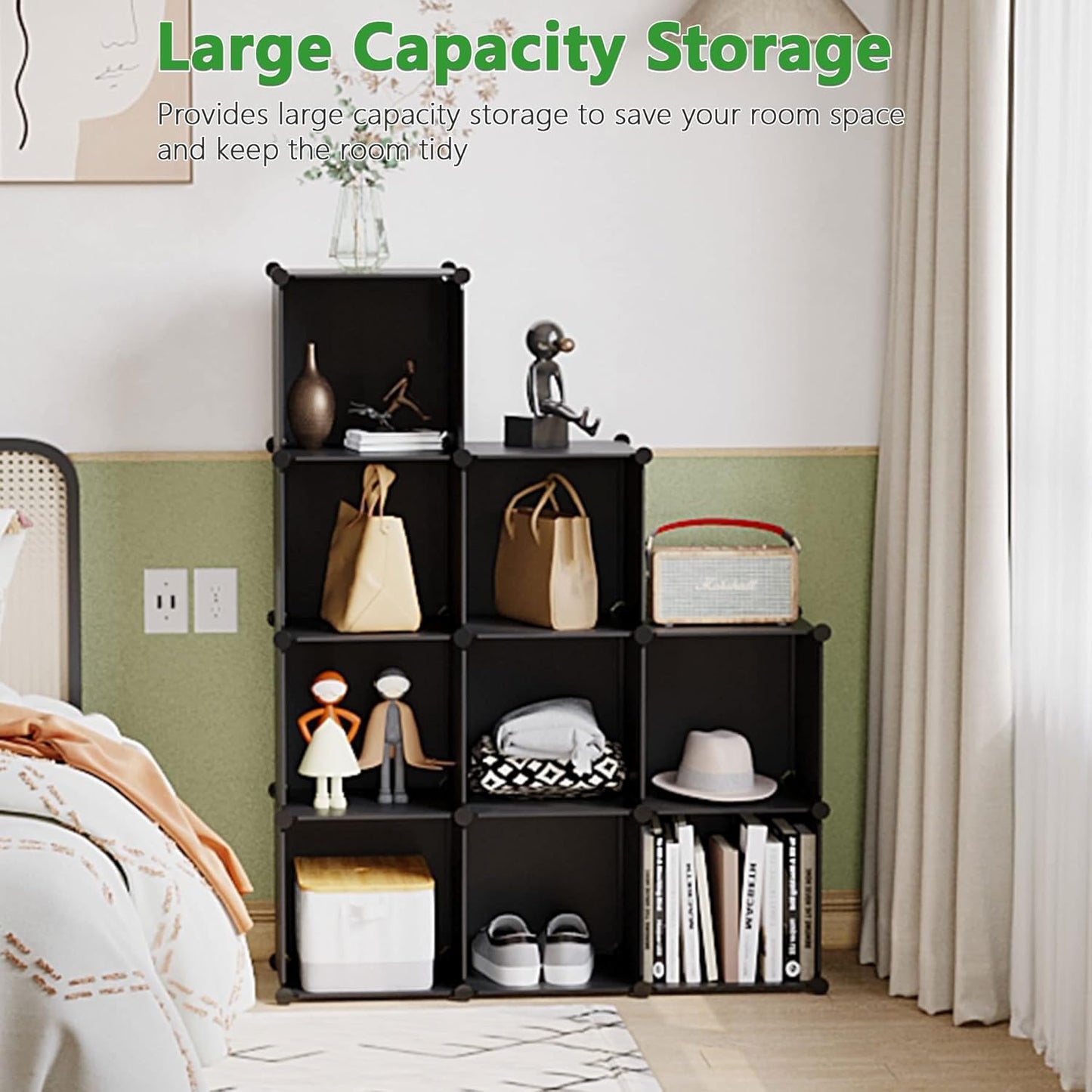 C&AHOME Cube Storage, 9-Cube Bookshelf, Plastic Closet Cabinet Organizer, DIY Stackable Bookcase, Modular Shelving Units Ideal for Home, Office, Kids Room, 36.6" L x 12.4" W x 48.4" H Black SHS3009A