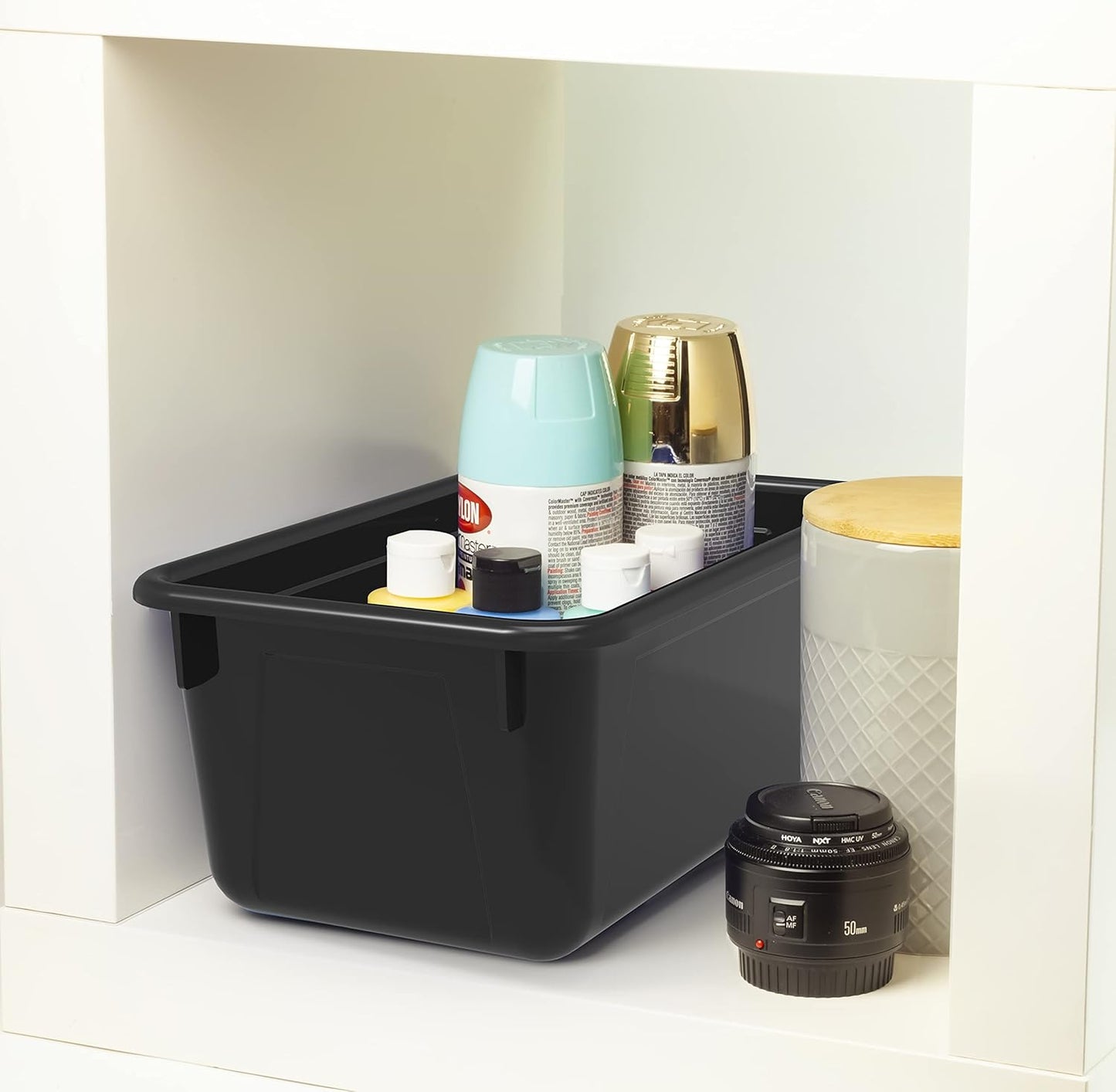 Storex Small Cubby Bins – Plastic Storage Containers for Classroom with Non-Snap Lid, 12.2 x 7.8 x 5.1 inches, Black, 5-Pack (62463U05C)