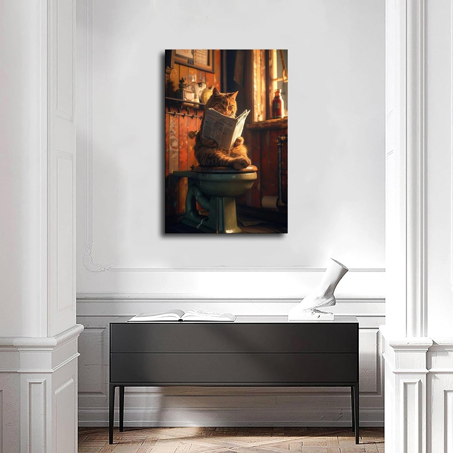 Animal Domineering Orange Cat Sitting in The Toilet Reading A Newspaper Print Poster Picture HD Print Poster Retro Painted Modern Home Bedroom Room Aesthetic Decoration Canvas Art (08x12inch Framed)