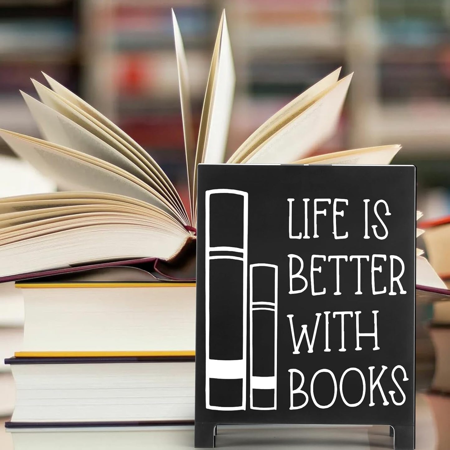 Life Is Better With Books Desk Decor Sign Retro Bookstore Table Display for Home Office Reading Nook Library Bookshelf Christmas Gift for Readers Nerd Bookworms Librarians