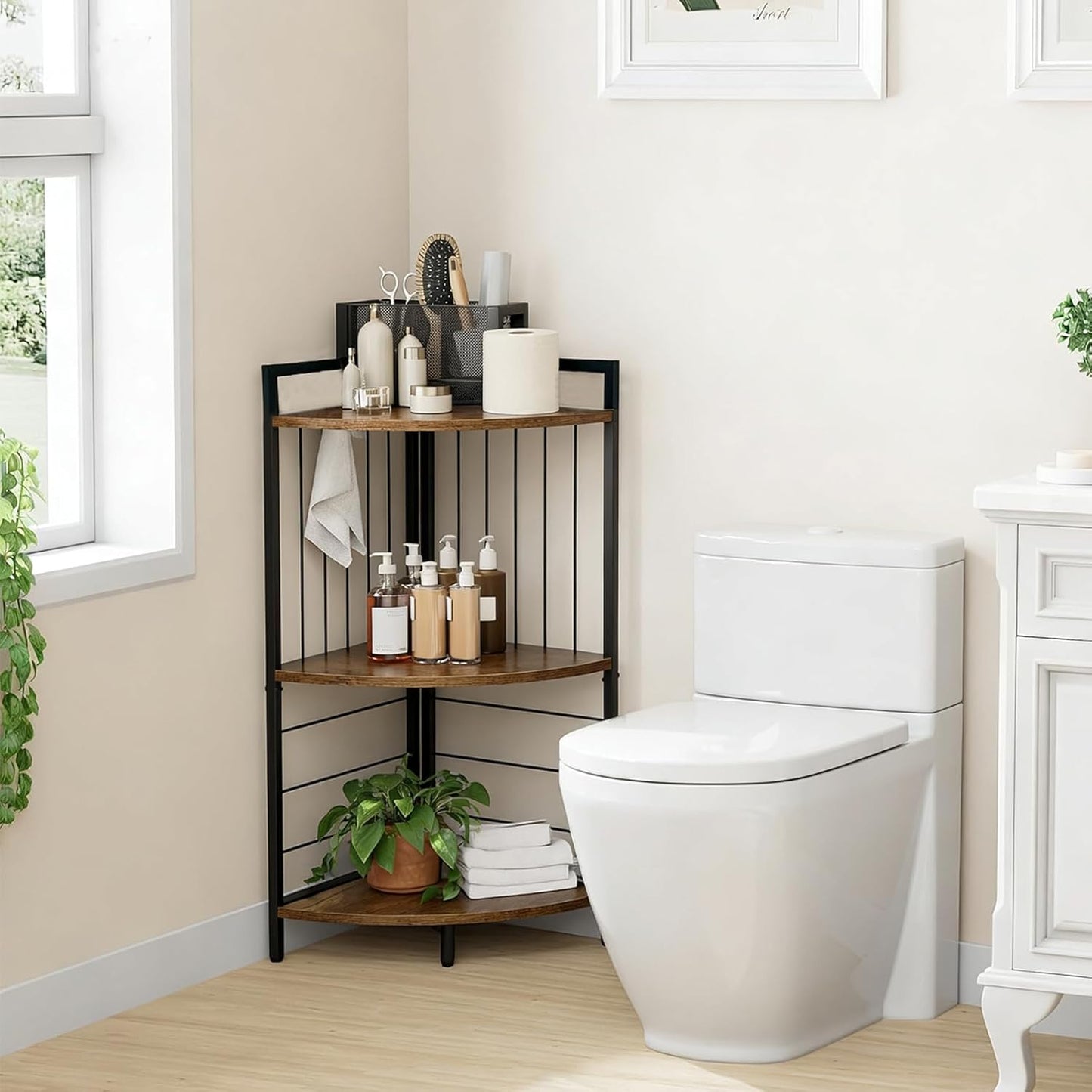 Corner Shelf 3 Tier Small Bookshelf Display Storage Stand with Metal Frame for Bathroom Bedroom Kitchen Living Room Home Office