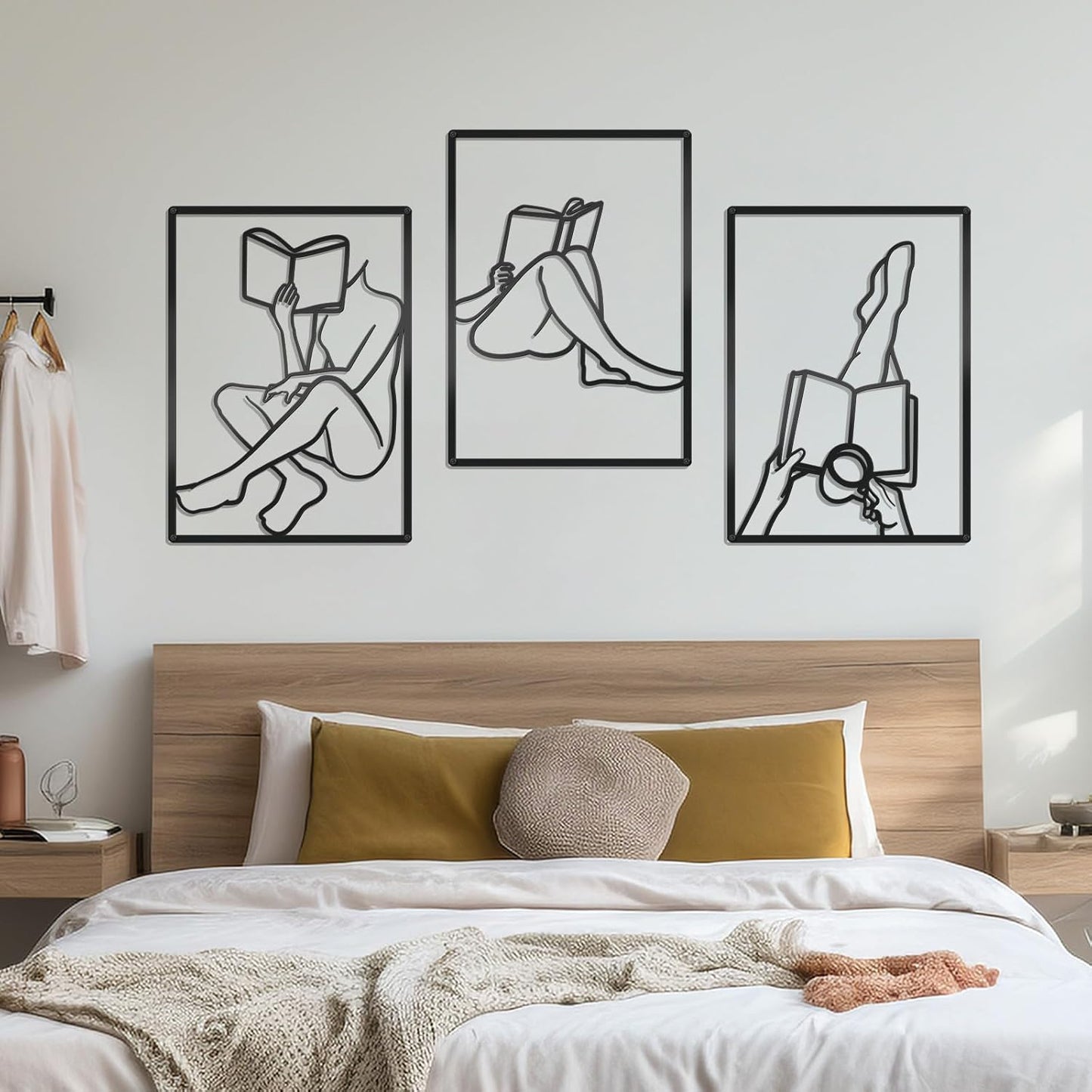 Zzbakress 3 Pcs Female Book Wall Art Black Metal Wall Decor Large Reading Room Decor Minimalist Line Wall Art Black Abstract Wall Art for Reading Room Living Room Bedroom (Elegant)