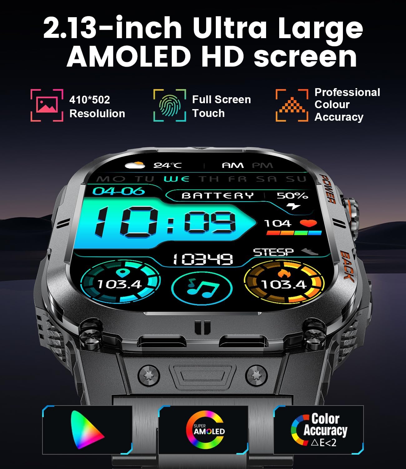 SUNKTA Military Smart Watch for Men,2.13''AMOLED/430mAh Battery Smart Watches with LED Flashlight for Android iOS (Bluetooth Call Answer/Calls) Fitness Tracker with Heart Rate/Sleep Tracking Black