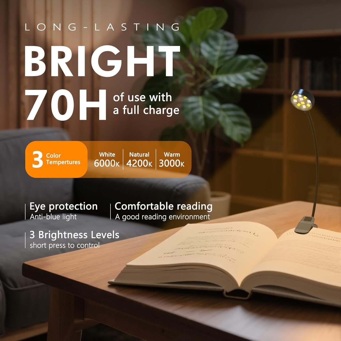 2 Pack 10 LED Rechargeable Book Light for Reading in Bed - Eye Caring 3 Color Temperatures, 3 Adjustable Brightness, Long Runtime Small Lightweight Clip On Book Reading Light for Studying