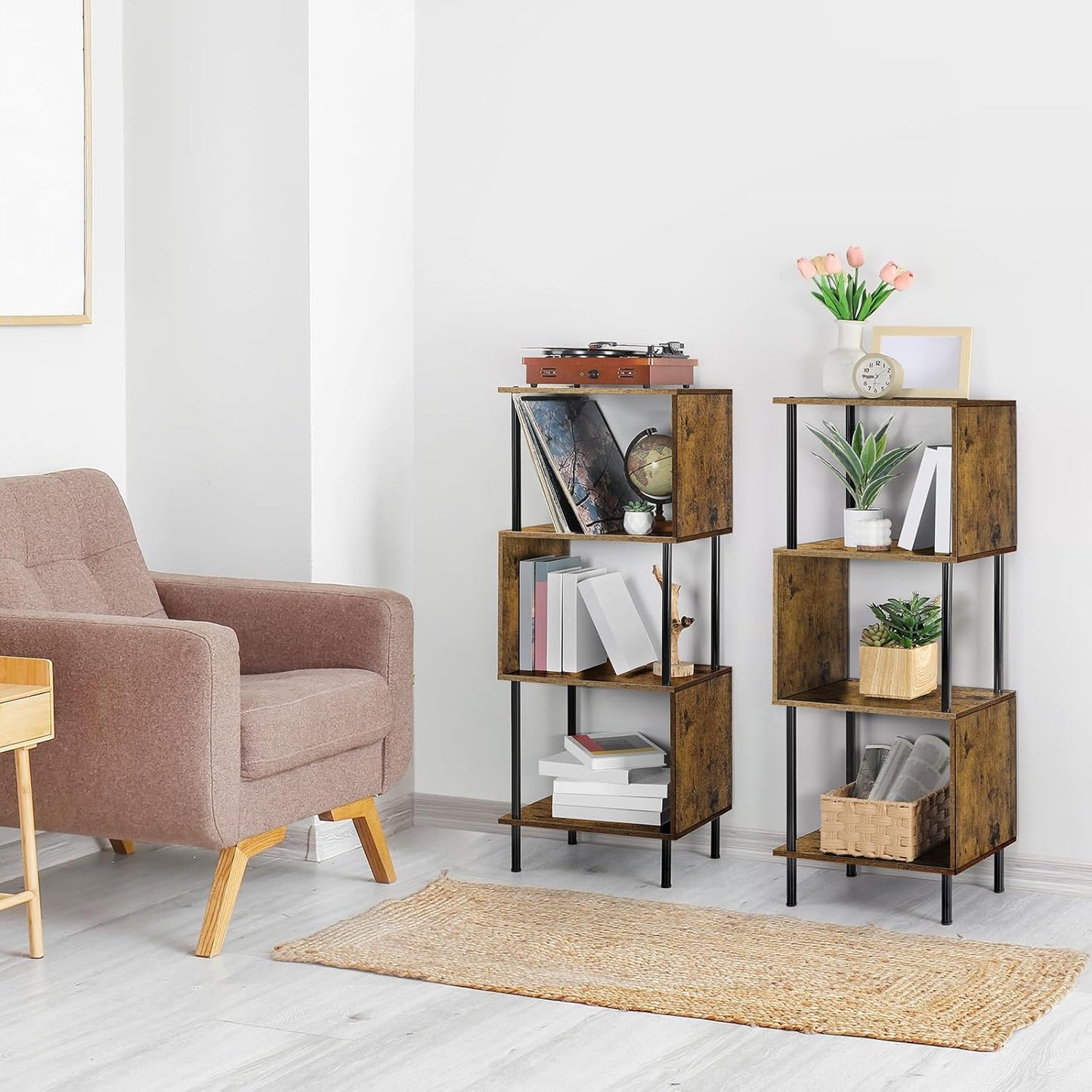 ETELI 4 Tier Bookshelf S-Shaped Small Bookcase Modern Freestanding Multifunctional Wooden Book Shelves for Farmhouse, Living Room, Bedroom, and Home Office